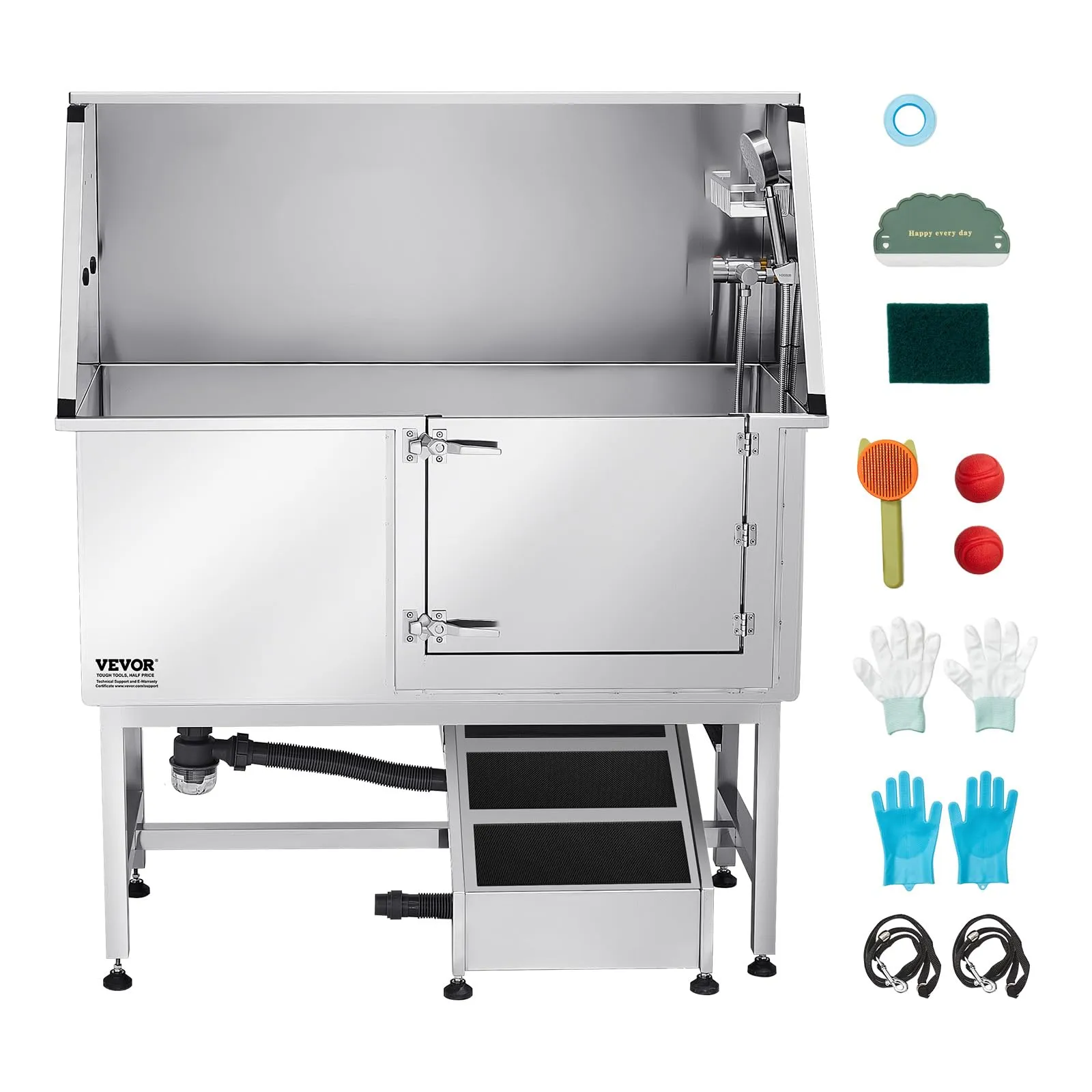 VEVOR Stazione di Lavaggio per Cani in Acciaio Inox, Vasca per Toelettatura per Animali Domestici di Grandi, Medie e Piccole Dimensioni da 127 cm con Rampa, Pannello Filtro per Acqua, Porta Destra - immagine 9
