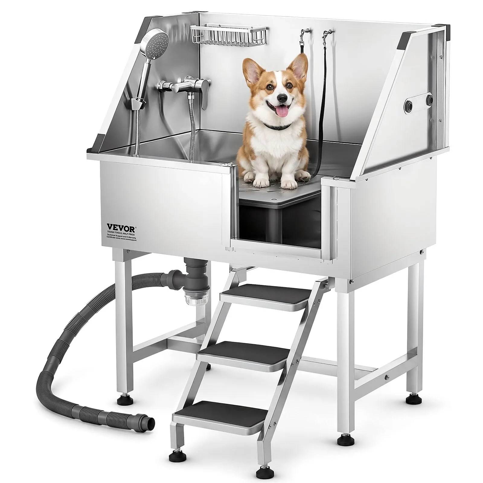 VEVOR Stazione di Lavaggio per Cani in Acciaio Inox, Vasca per Toelettatura per Animali Domestici da 96,52 cm con Scale di Stoccaggio, Rubinetto e Soffione Doccia e Porta Sapone, Porta Destra - immagine 1