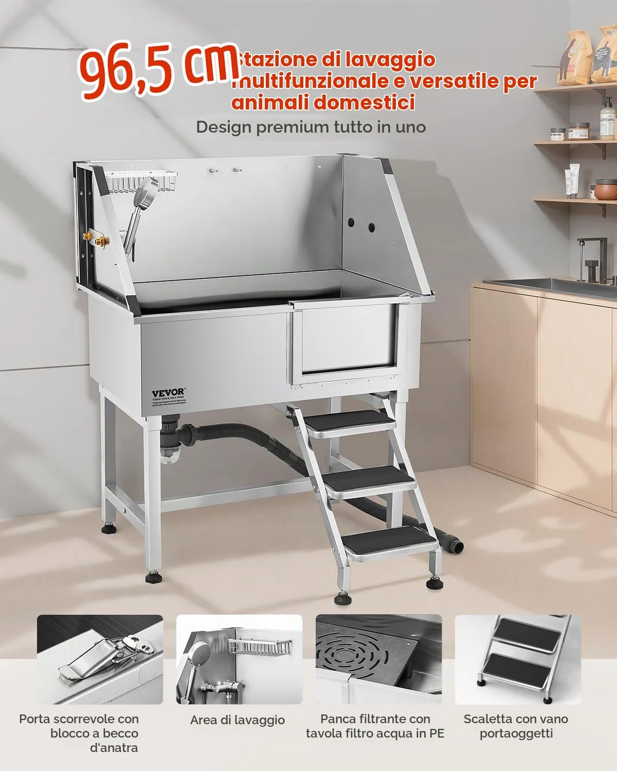 VEVOR Stazione di Lavaggio per Cani in Acciaio Inox, Vasca per Toelettatura per Animali Domestici da 96,52 cm con Scale di Stoccaggio, Rubinetto e Soffione Doccia e Porta Sapone, Porta Destra - immagine 2