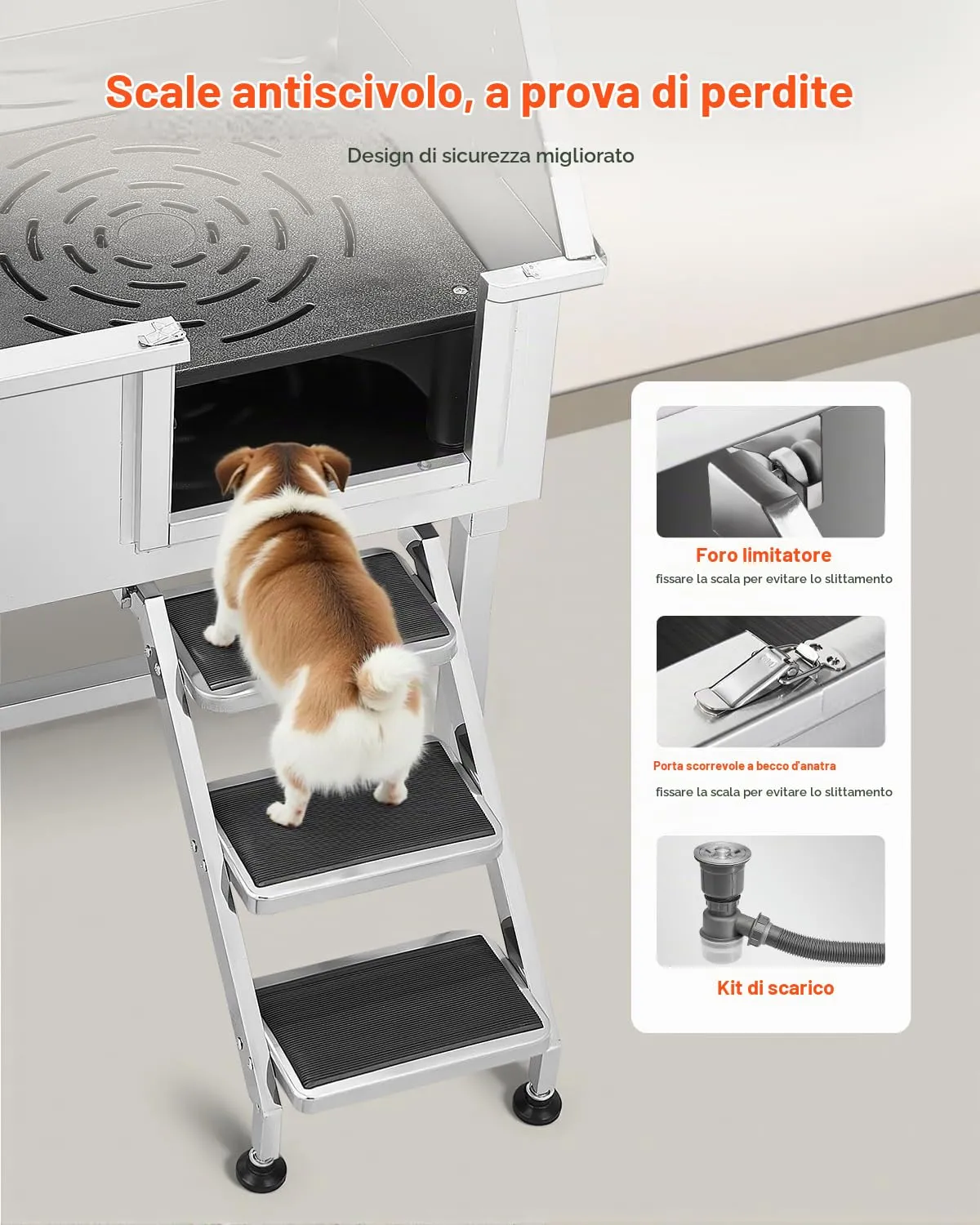 VEVOR Stazione di Lavaggio per Cani in Acciaio Inox, Vasca per Toelettatura per Animali Domestici da 96,52 cm con Scale di Stoccaggio, Rubinetto e Soffione Doccia e Porta Sapone, Porta Destra - immagine 3