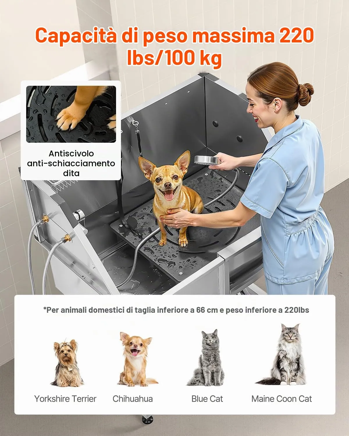 VEVOR Stazione di Lavaggio per Cani in Acciaio Inox, Vasca per Toelettatura per Animali Domestici da 96,52 cm con Scale di Stoccaggio, Rubinetto e Soffione Doccia e Porta Sapone, Porta Destra - immagine 4