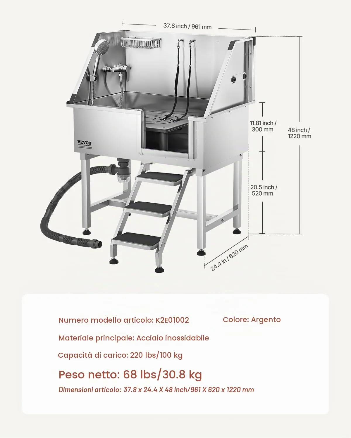 VEVOR Stazione di Lavaggio per Cani in Acciaio Inox, Vasca per Toelettatura per Animali Domestici da 96,52 cm con Scale di Stoccaggio, Rubinetto e Soffione Doccia e Porta Sapone, Porta Destra - immagine 7