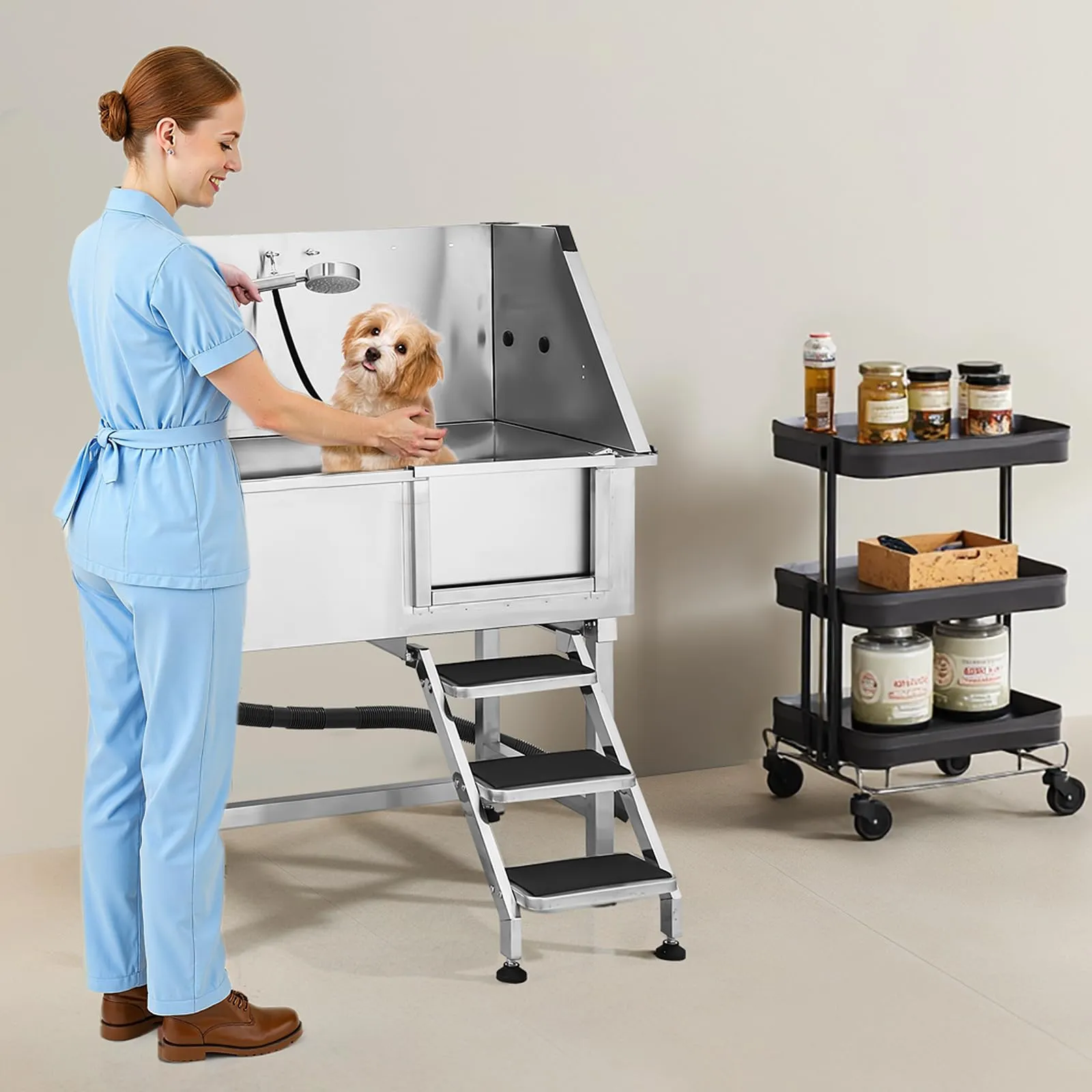 VEVOR Stazione di Lavaggio per Cani in Acciaio Inox, Vasca per Toelettatura per Animali Domestici da 96,52 cm con Scale di Stoccaggio, Rubinetto e Soffione Doccia e Porta Sapone, Porta Destra - immagine 8