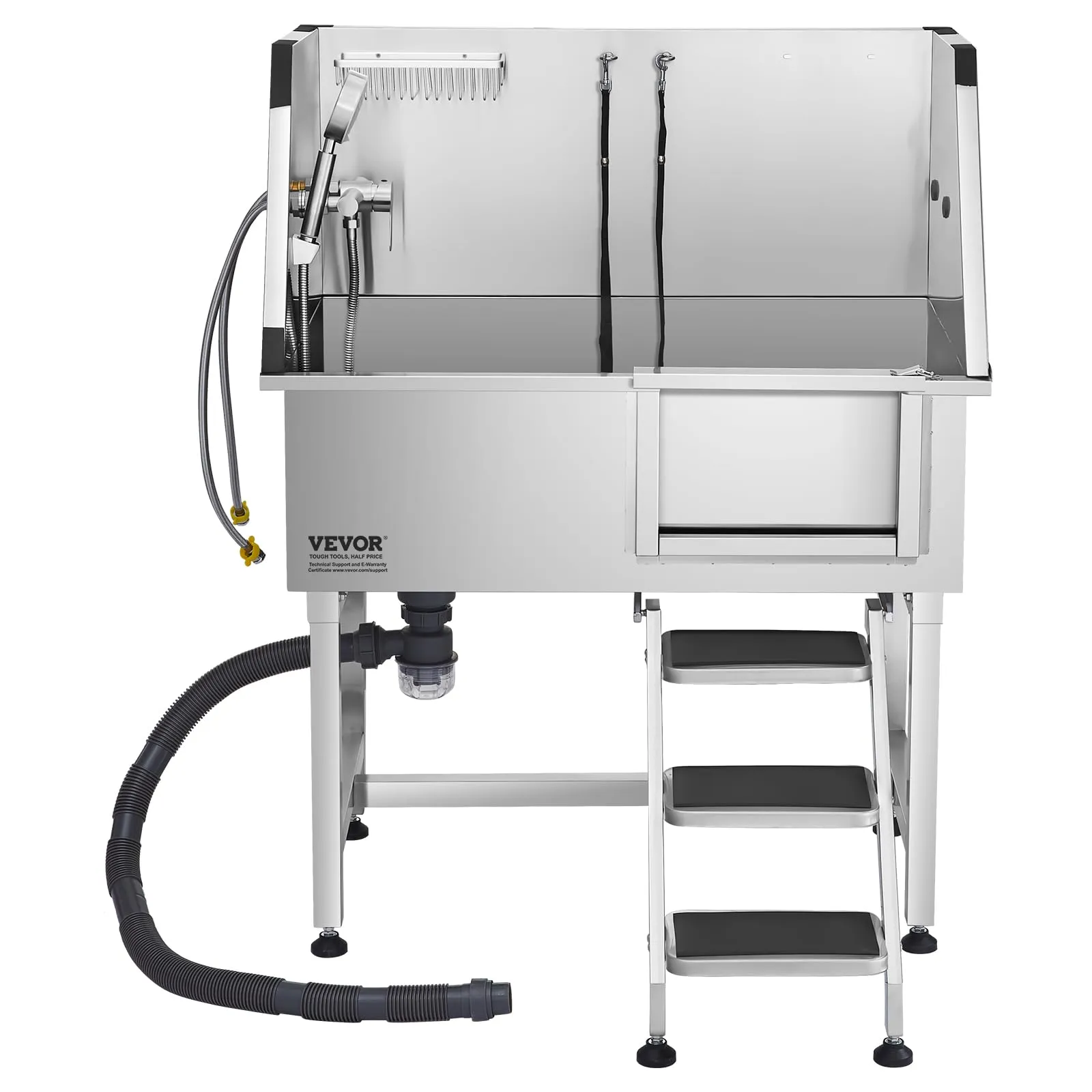 VEVOR Stazione di Lavaggio per Cani in Acciaio Inox, Vasca per Toelettatura per Animali Domestici da 96,52 cm con Scale di Stoccaggio, Rubinetto e Soffione Doccia e Porta Sapone, Porta Destra - immagine 9