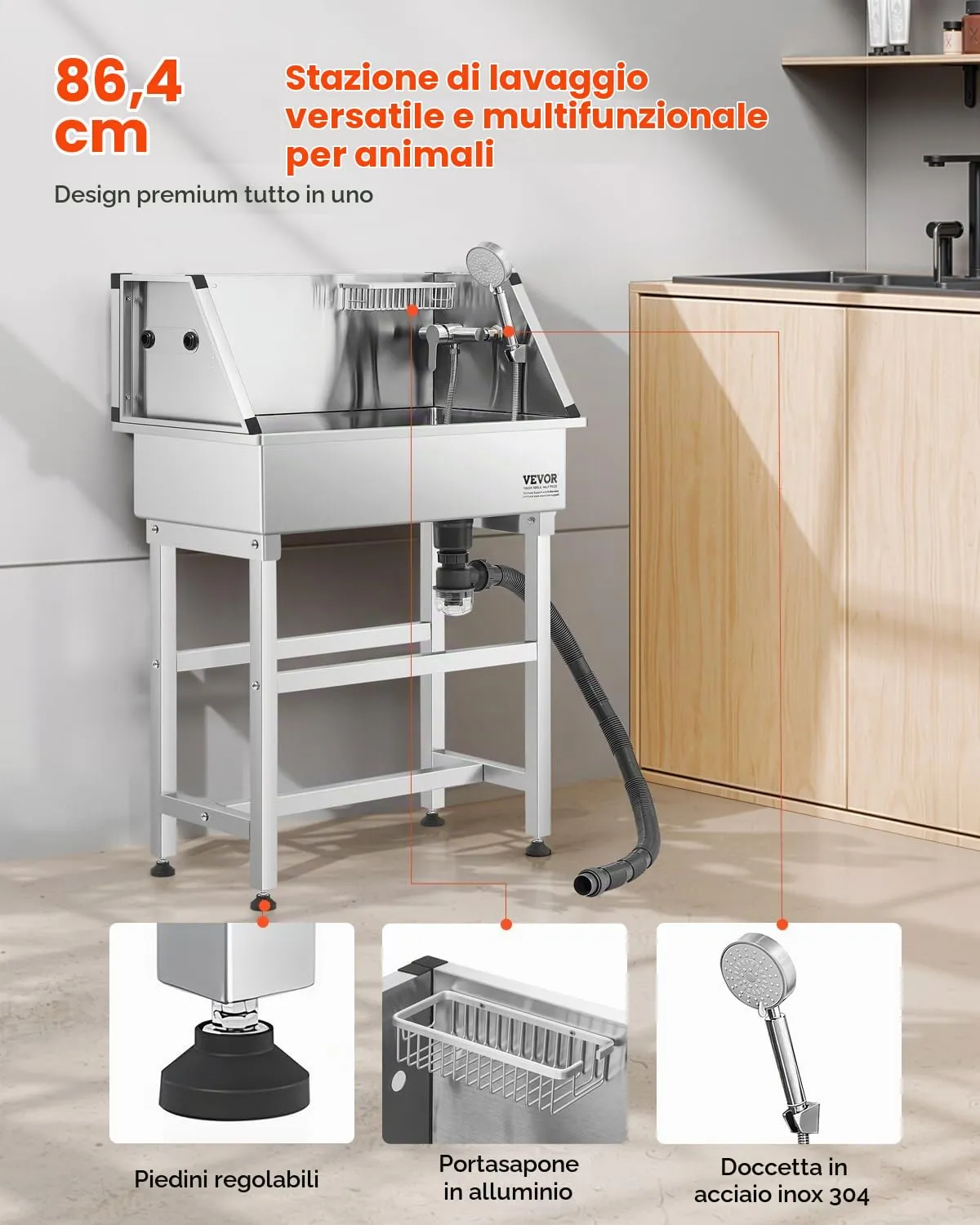 VEVOR Stazione di Lavaggio per Cani in Acciaio Inox, Vasca per Toelettatura per Animali Domestici da 86,36 cm con Rubinetto e Soffione Doccia e Palline da Gioco, per Cani per più Animali Domestici - immagine 2
