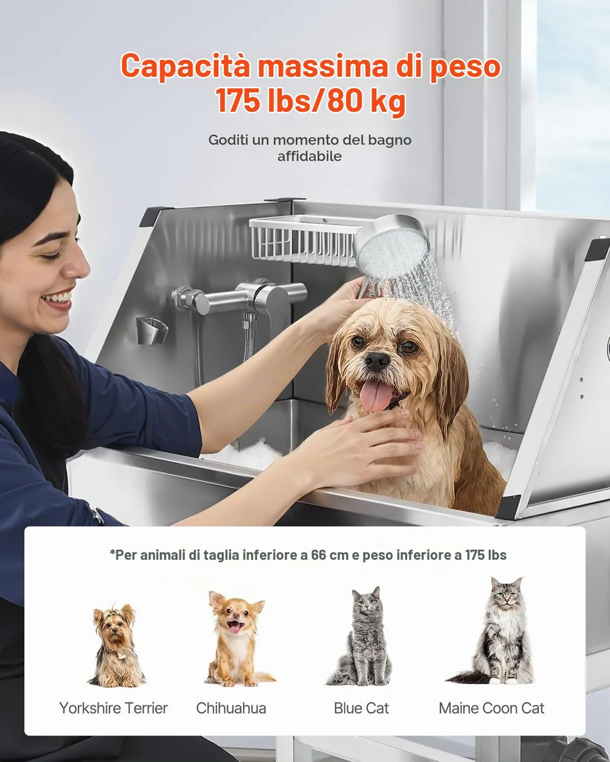 VEVOR Stazione di Lavaggio per Cani in Acciaio Inox, Vasca per Toelettatura per Animali Domestici da 86,36 cm con Rubinetto e Soffione Doccia e Palline da Gioco, per Cani per più Animali Domestici - immagine 4