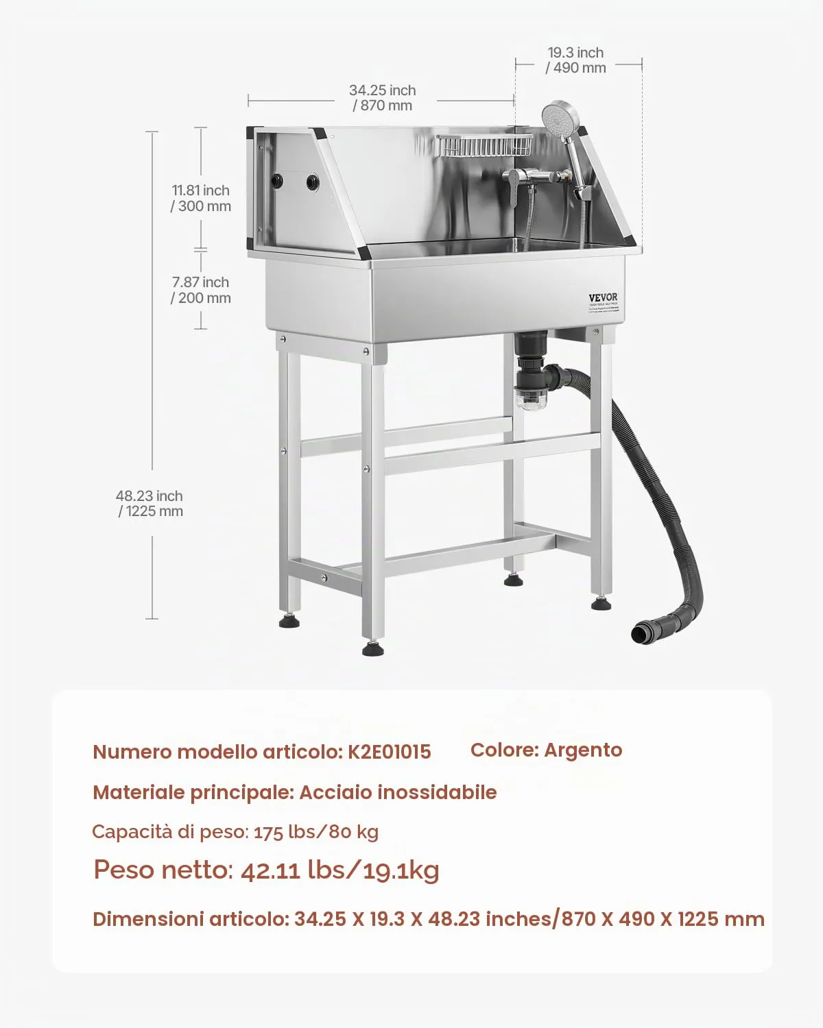 VEVOR Stazione di Lavaggio per Cani in Acciaio Inox, Vasca per Toelettatura per Animali Domestici da 86,36 cm con Rubinetto e Soffione Doccia e Palline da Gioco, per Cani per più Animali Domestici - immagine 7