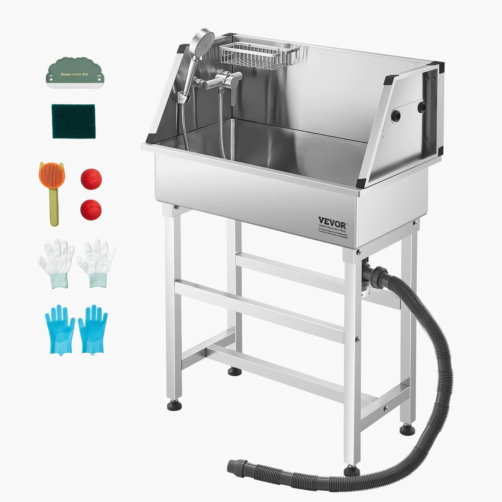 VEVOR Stazione di Lavaggio per Cani in Acciaio Inox, Vasca per Toelettatura per Animali Domestici da 86,36 cm con Rubinetto e Soffione Doccia e Palline da Gioco, per Cani per più Animali Domestici - immagine 9