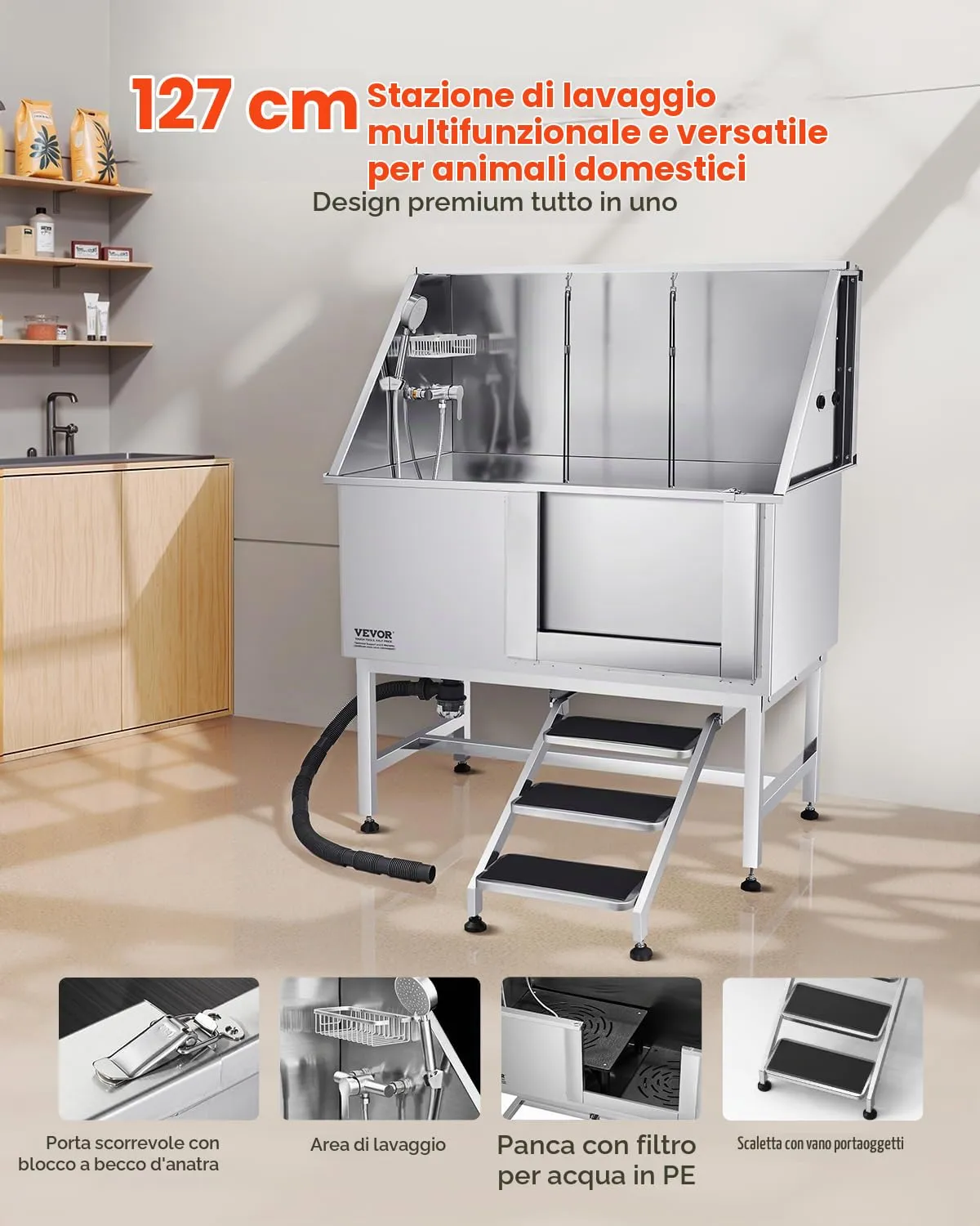 VEVOR Stazione di Lavaggio per Cani in Acciaio Inox, Vasca per Toelettatura per Animali Domestici di Grandi, Medie e Piccole Dimensioni da 127 cm con Scale, Pannello Filtro per Acqua, Porta Destra - immagine 2