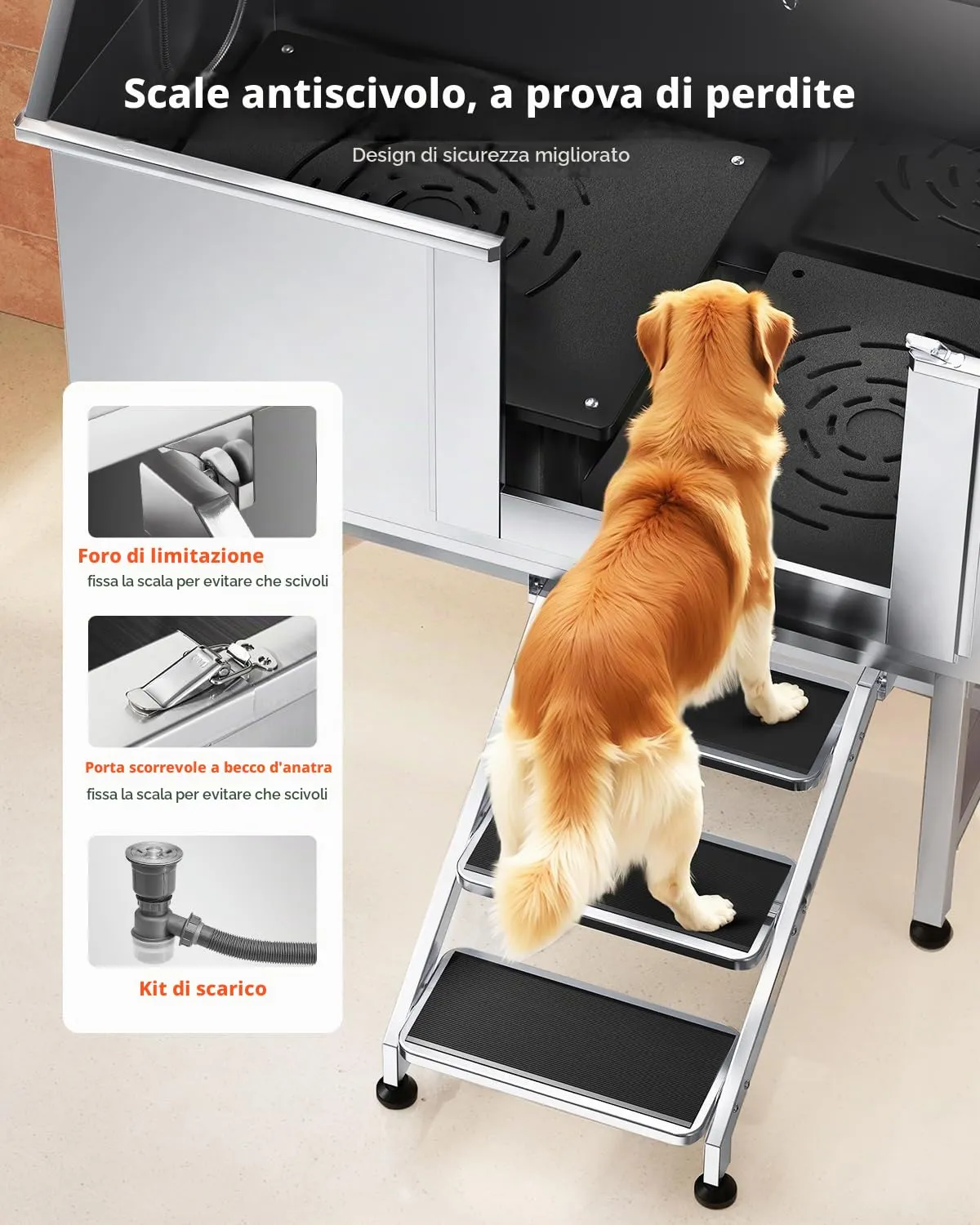 VEVOR Stazione di Lavaggio per Cani in Acciaio Inox, Vasca per Toelettatura per Animali Domestici di Grandi, Medie e Piccole Dimensioni da 127 cm con Scale, Pannello Filtro per Acqua, Porta Destra - immagine 3
