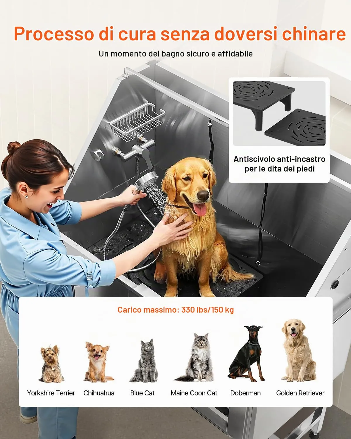 VEVOR Stazione di Lavaggio per Cani in Acciaio Inox, Vasca per Toelettatura per Animali Domestici di Grandi, Medie e Piccole Dimensioni da 127 cm con Scale, Pannello Filtro per Acqua, Porta Destra - immagine 4