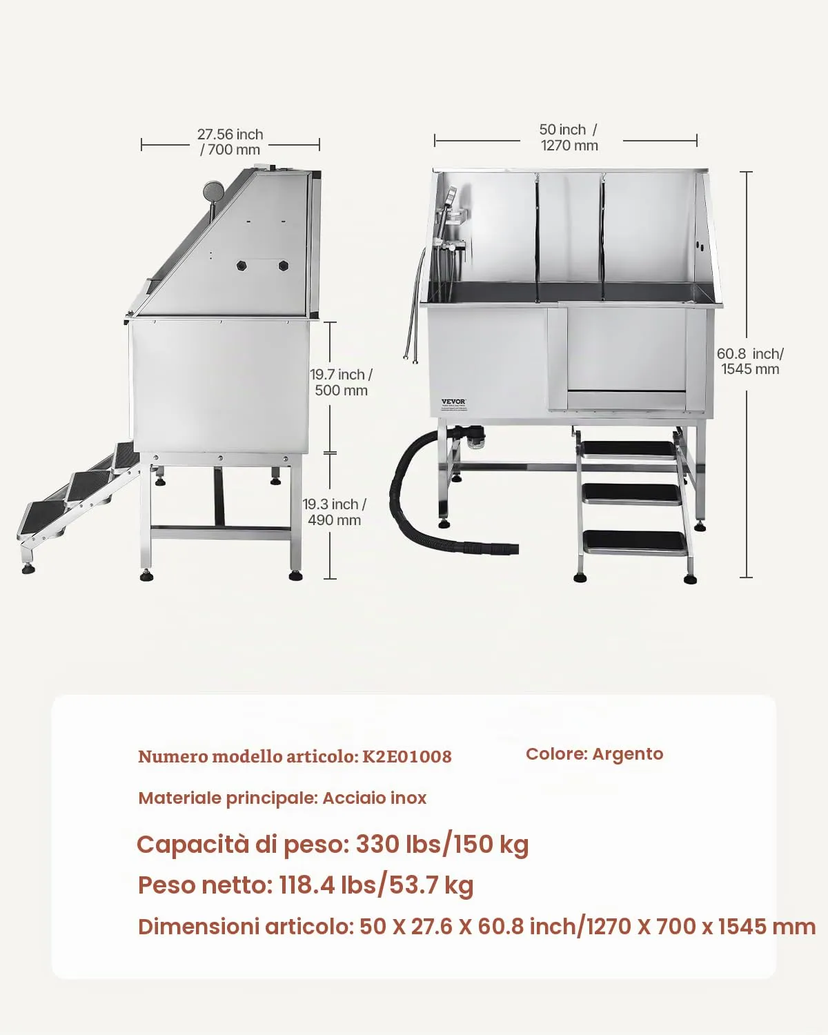VEVOR Stazione di Lavaggio per Cani in Acciaio Inox, Vasca per Toelettatura per Animali Domestici di Grandi, Medie e Piccole Dimensioni da 127 cm con Scale, Pannello Filtro per Acqua, Porta Destra - immagine 7