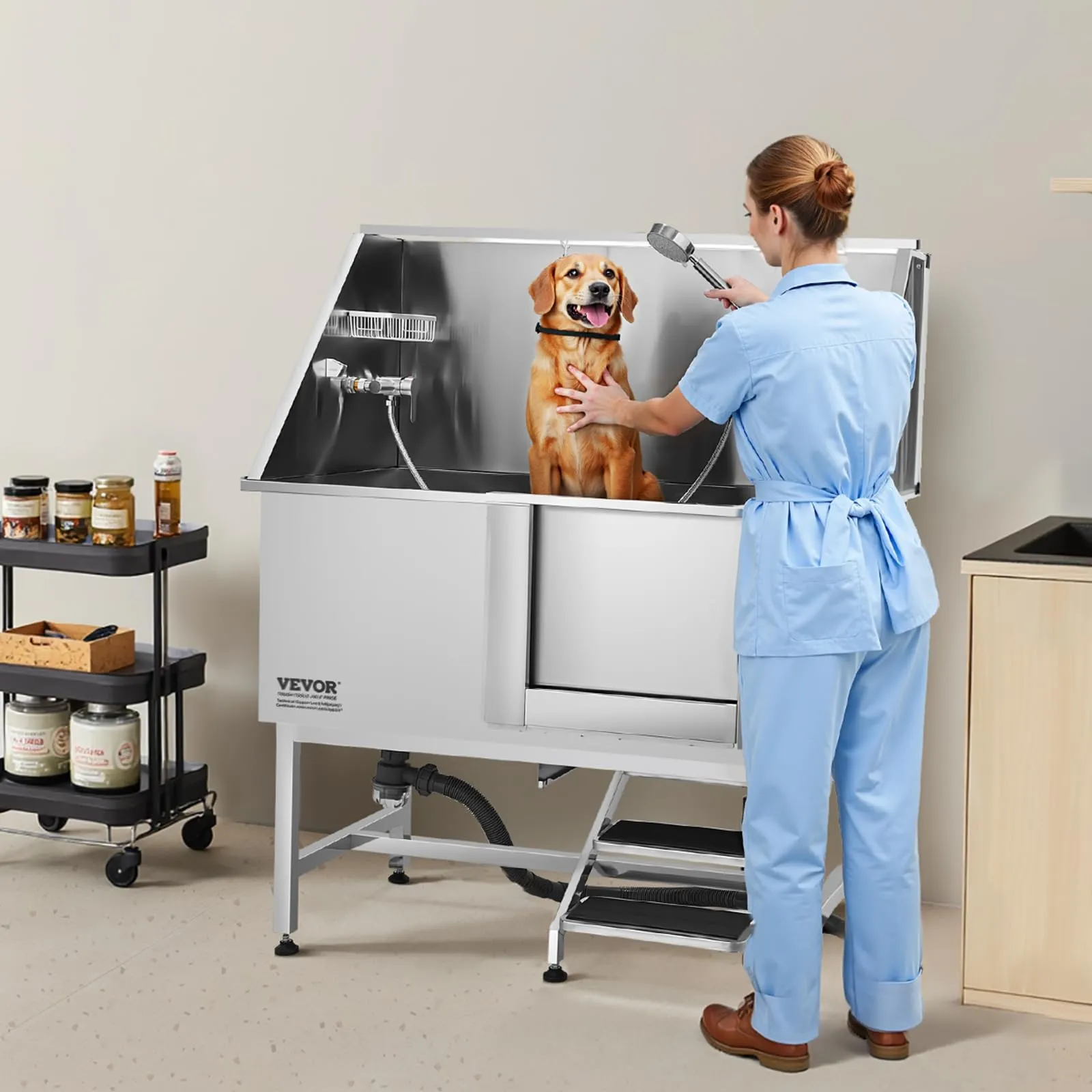 VEVOR Stazione di Lavaggio per Cani in Acciaio Inox, Vasca per Toelettatura per Animali Domestici di Grandi, Medie e Piccole Dimensioni da 127 cm con Scale, Pannello Filtro per Acqua, Porta Destra - immagine 8