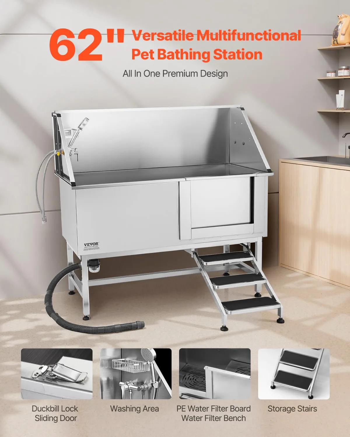 VEVOR Stazione di Lavaggio per Cani in Acciaio Inox, Vasca per Toelettatura per Animali Domestici di Grandi, Medie e Piccole Dimensioni 157,48 cm con Scale, Pannello Filtro per Acqua, Porta Destra - immagine 2