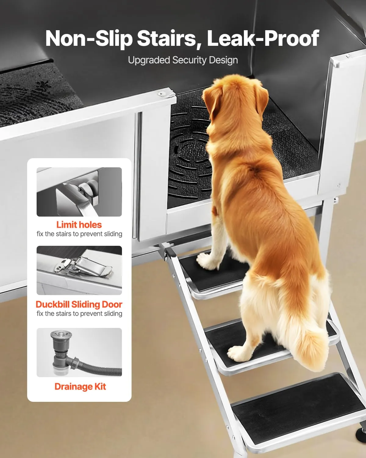 VEVOR Stazione di Lavaggio per Cani in Acciaio Inox, Vasca per Toelettatura per Animali Domestici di Grandi, Medie e Piccole Dimensioni 157,48 cm con Scale, Pannello Filtro per Acqua, Porta Destra - immagine 3