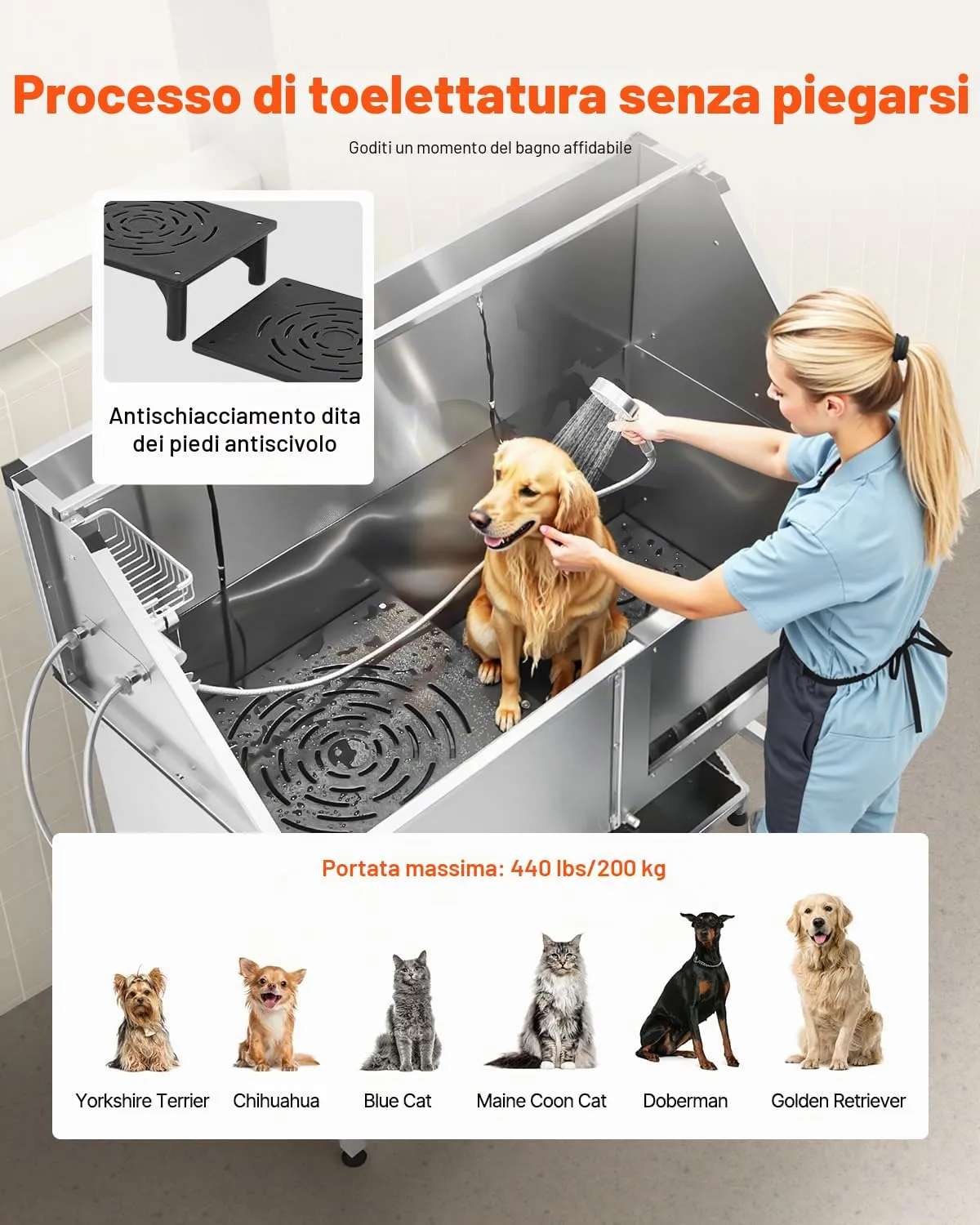VEVOR Stazione di Lavaggio per Cani in Acciaio Inox, Vasca per Toelettatura per Animali Domestici di Grandi, Medie e Piccole Dimensioni 157,48 cm con Scale, Pannello Filtro per Acqua, Porta Destra - immagine 4