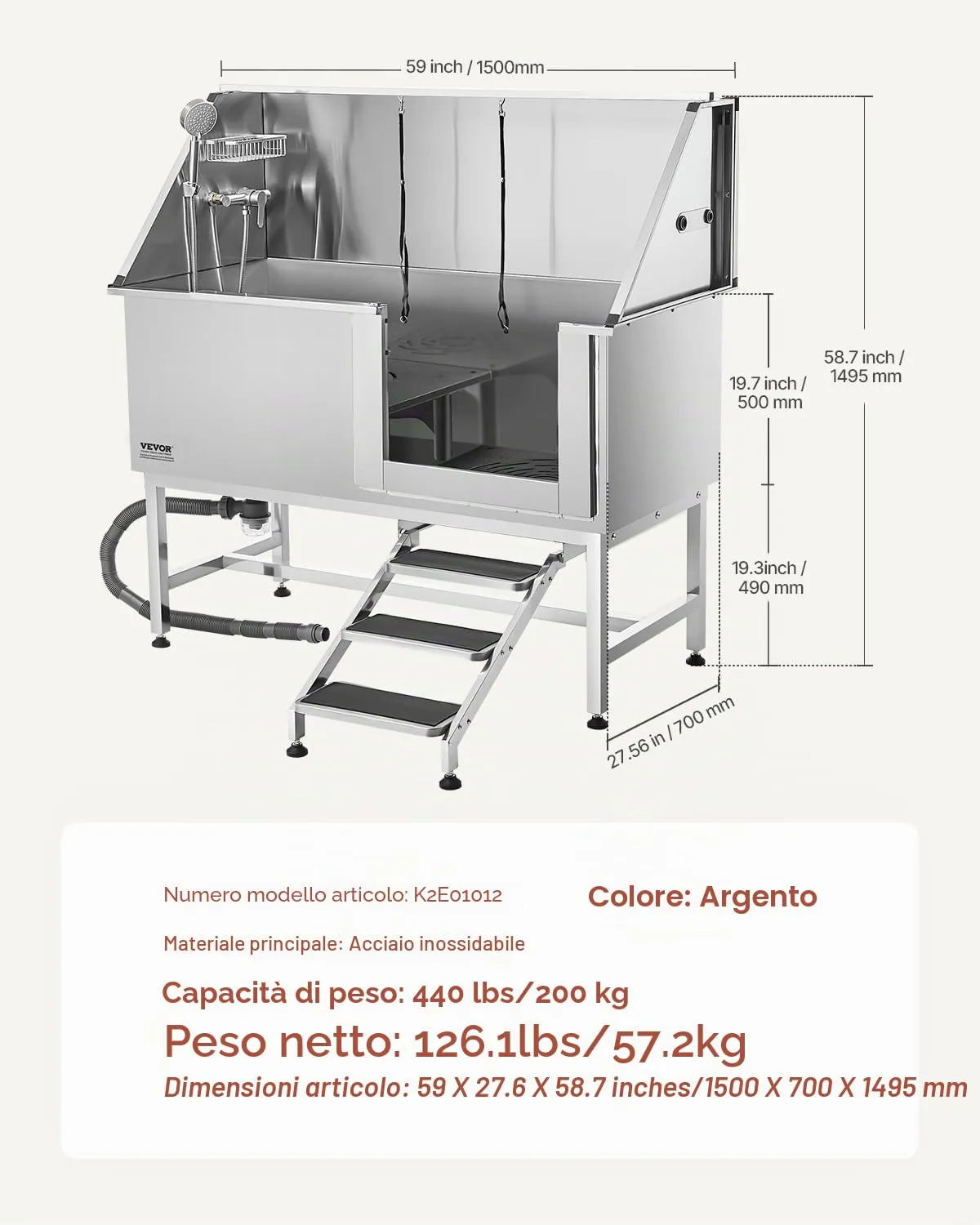 VEVOR Stazione di Lavaggio per Cani in Acciaio Inox, Vasca per Toelettatura per Animali Domestici di Grandi, Medie e Piccole Dimensioni 157,48 cm con Scale, Pannello Filtro per Acqua, Porta Destra - immagine 7