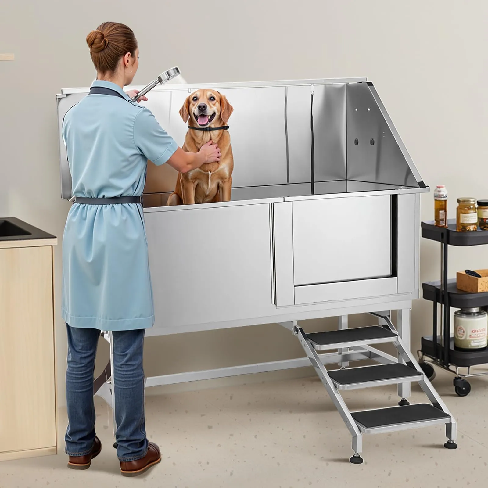 VEVOR Stazione di Lavaggio per Cani in Acciaio Inox, Vasca per Toelettatura per Animali Domestici di Grandi, Medie e Piccole Dimensioni 157,48 cm con Scale, Pannello Filtro per Acqua, Porta Destra - immagine 8