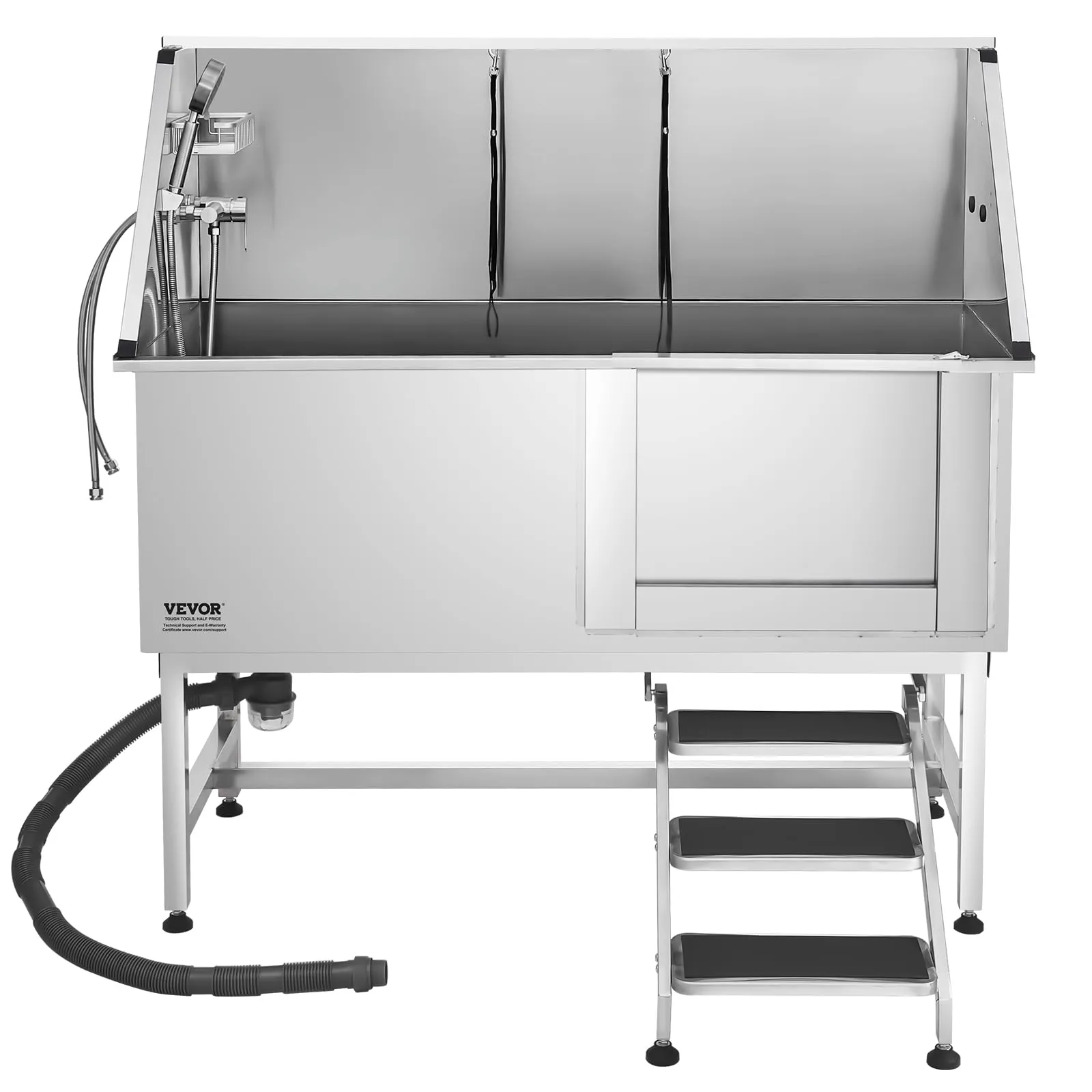 VEVOR Stazione di Lavaggio per Cani in Acciaio Inox, Vasca per Toelettatura per Animali Domestici di Grandi, Medie e Piccole Dimensioni 157,48 cm con Scale, Pannello Filtro per Acqua, Porta Destra - immagine 9