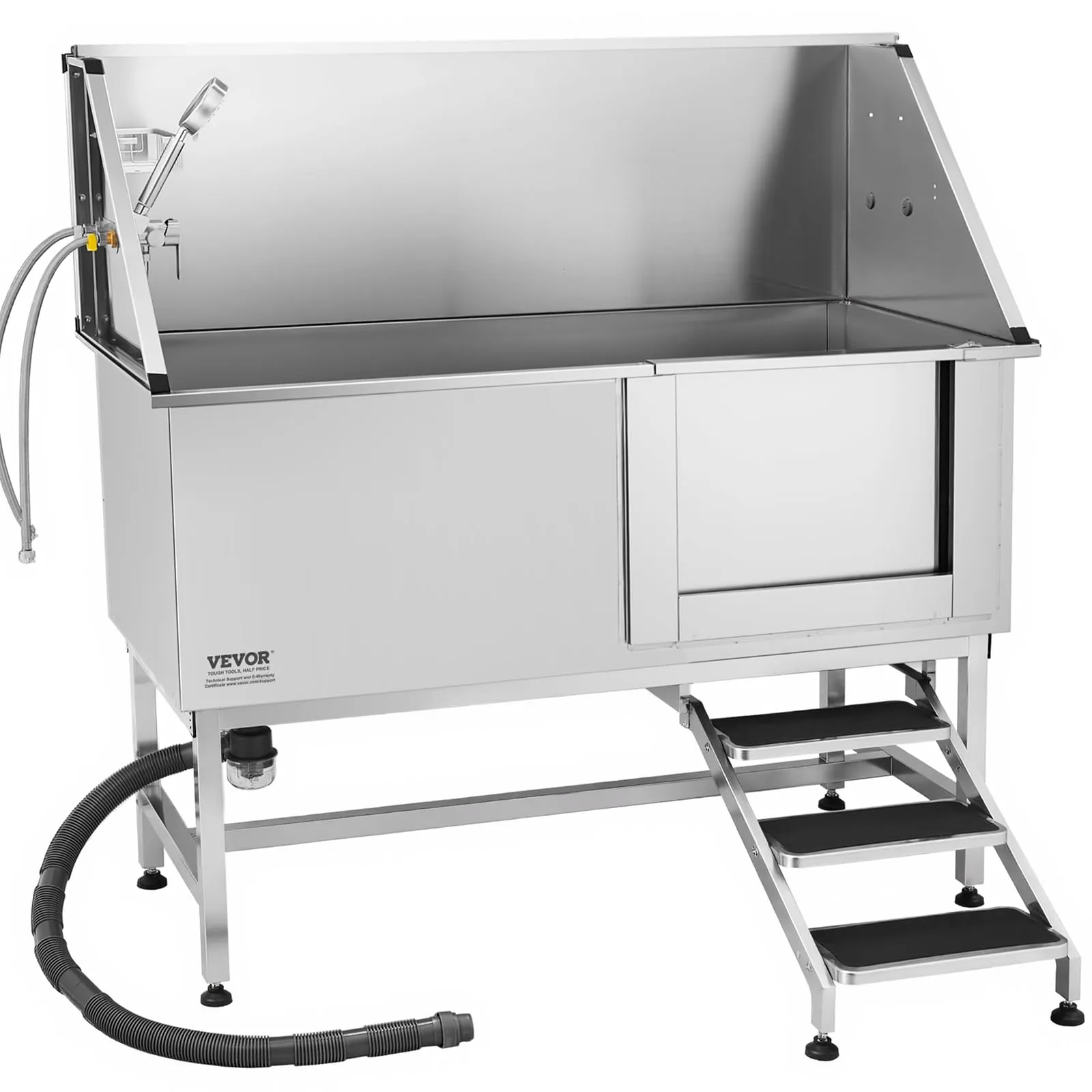VEVOR Stazione di Lavaggio per Cani in Acciaio Inox, Vasca per Toelettatura per Animali Domestici di Grandi, Medie e Piccole Dimensioni 157,48 cm con Scale, Pannello Filtro per Acqua, Porta Destra - immagine 11