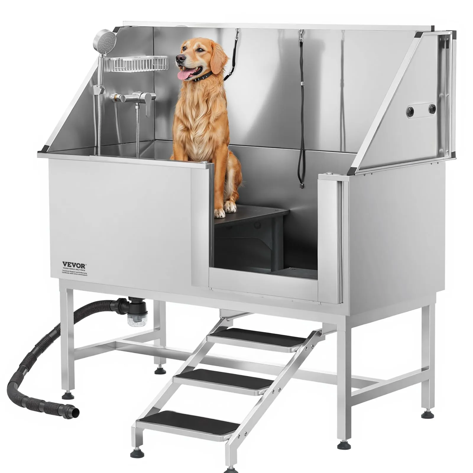 VEVOR Stazione di Lavaggio per Cani in Acciaio Inox, Vasca per Toelettatura per Animali Domestici di Grandi, Medie e Piccole Dimensioni 157,48 cm con Scale, Pannello Filtro per Acqua, Porta Destra - immagine 12