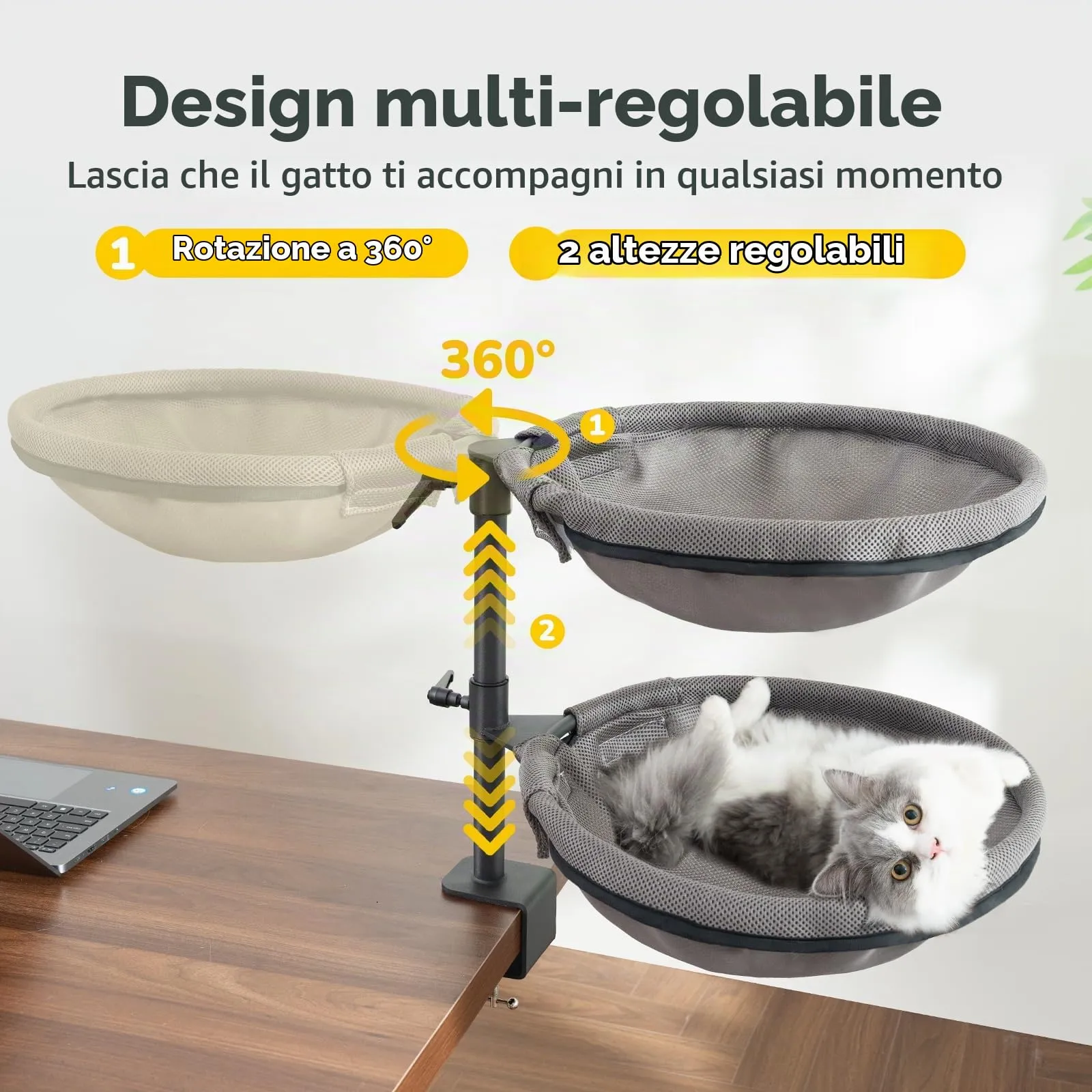 CATISM 2 Lettino per Gatti da scrivania - Rotazione a 360° & Regolabile in Altezza Morbido Perfetto per Ufficio e Lavoro Amaca per Gatti da Interni con 4 tappetini per Animali Domestici Fino a 40 LBS - immagine 2
