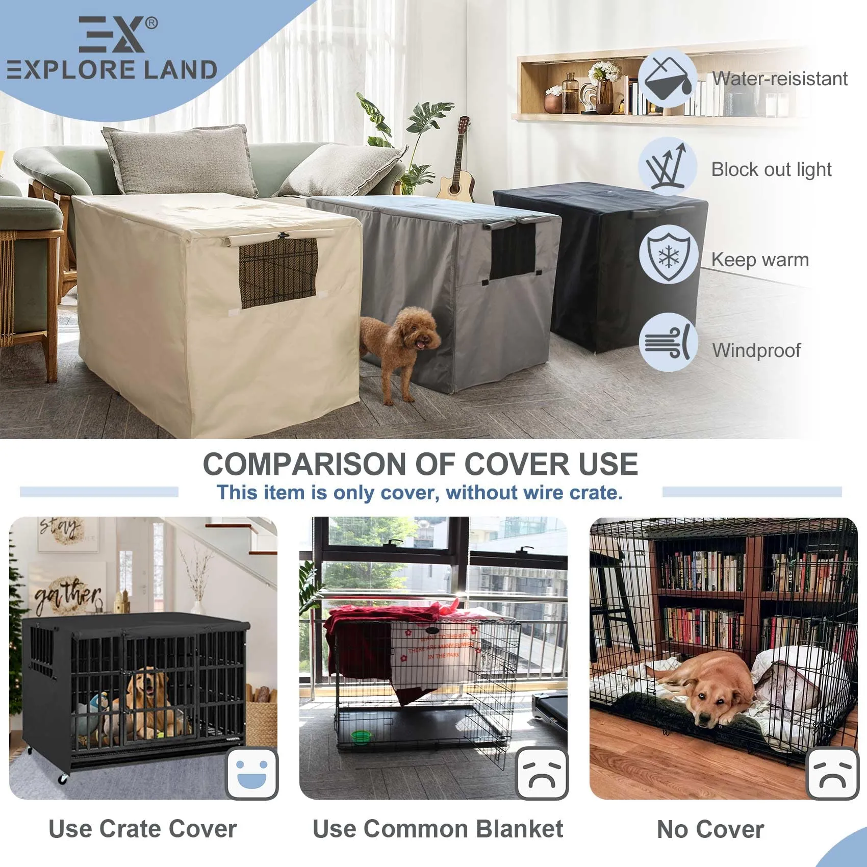 Explore Land Copertura per gabbia per cani in poliestere resistente, parasole universale per gabbie metalliche da 45,7 cm (nero) - immagine 4