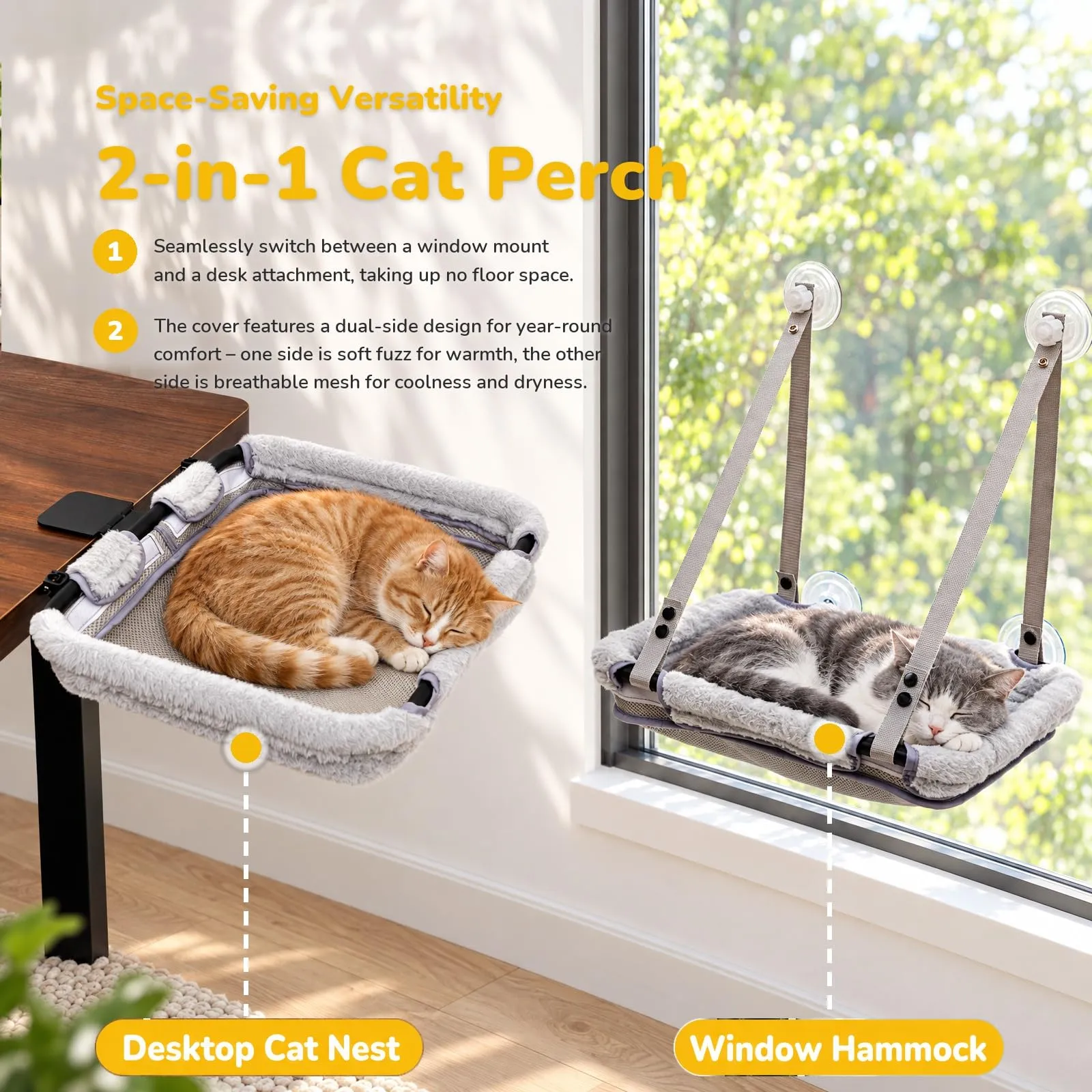 CATISM Lettino per Gatti da scrivania & Amaca pieghevole per gatti 2-in-1 fino a 18 kg rinforzata con ventosa forte, lavabile, traspirante, supporto per davanzale - immagine 2