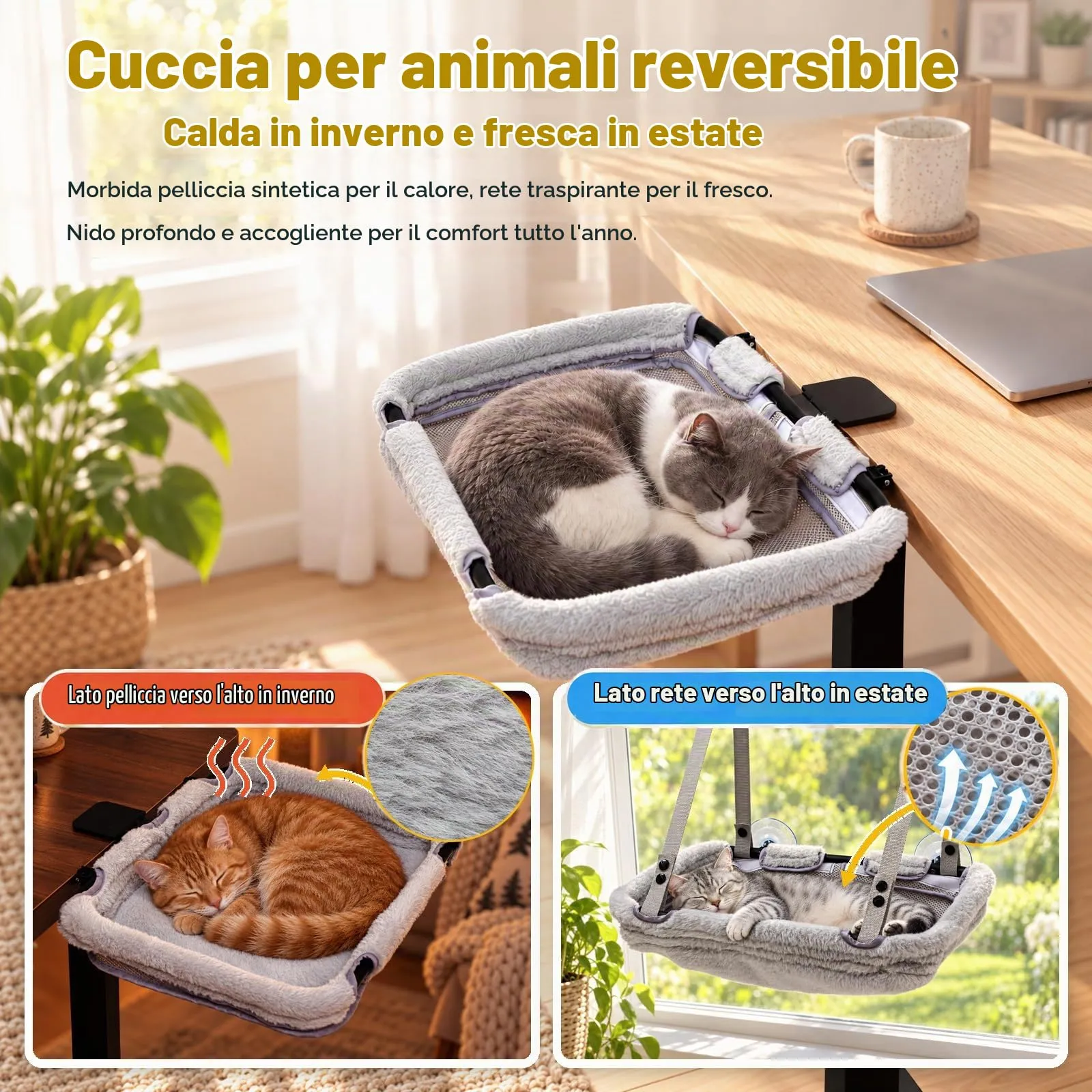 CATISM Lettino per Gatti da scrivania & Amaca pieghevole per gatti 2-in-1 fino a 18 kg rinforzata con ventosa forte, lavabile, traspirante, supporto per davanzale - immagine 3