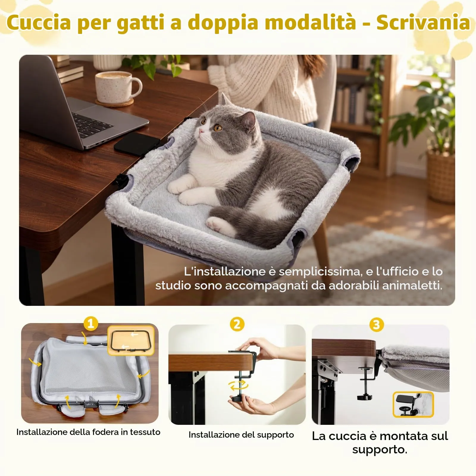 CATISM Lettino per Gatti da scrivania & Amaca pieghevole per gatti 2-in-1 fino a 18 kg rinforzata con ventosa forte, lavabile, traspirante, supporto per davanzale - immagine 5