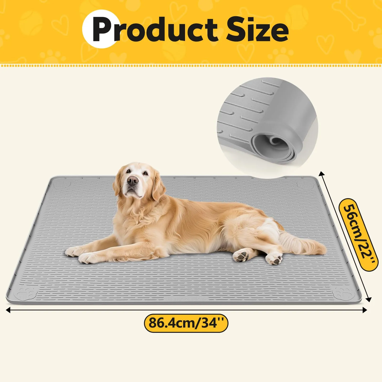 Bartuke Tappetino in silicone per gabbia per cani, 86,4 x 56 cm, con bordo rialzato, lavabile, impermeabile, a prova di perdite, protegge i pavimenti (grigio chiaro) - immagine 2
