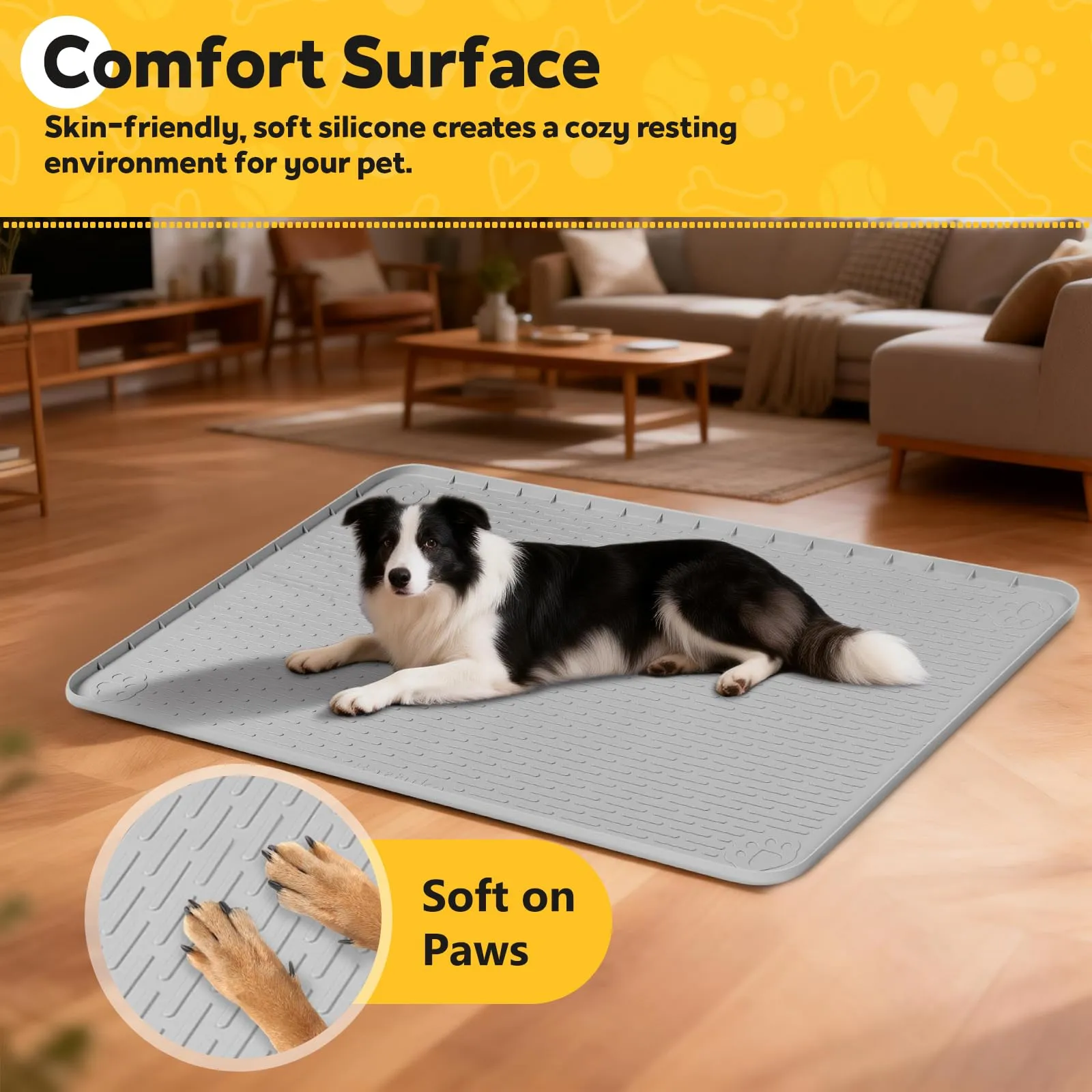 Bartuke Tappetino in silicone per gabbia per cani, 86,4 x 56 cm, con bordo rialzato, lavabile, impermeabile, a prova di perdite, protegge i pavimenti (grigio chiaro) - immagine 3