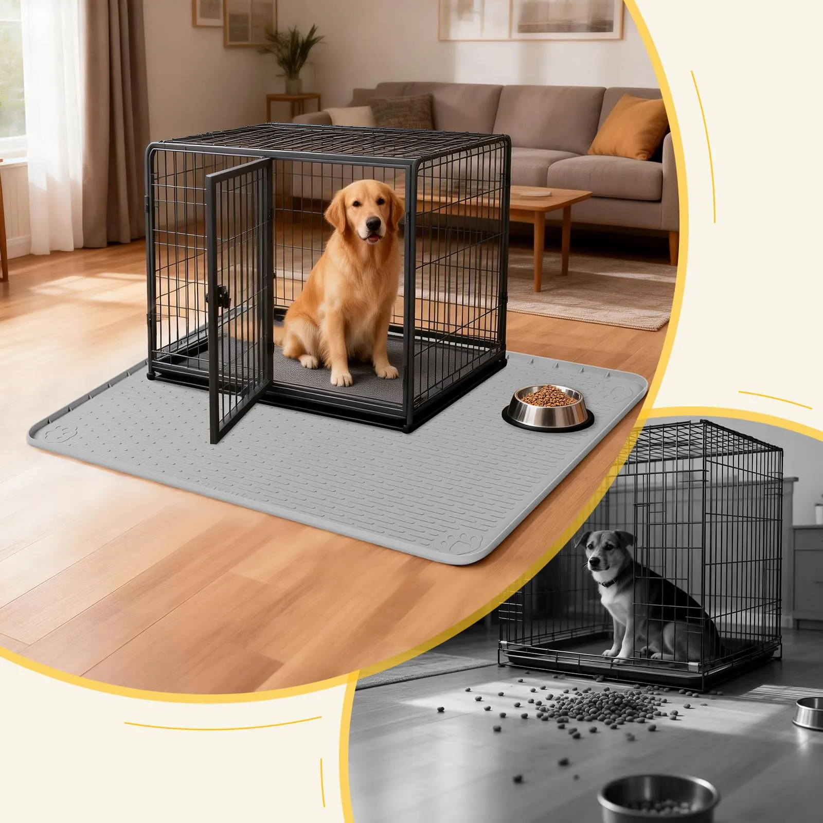Bartuke Tappetino in silicone per gabbia per cani, 86,4 x 56 cm, con bordo rialzato, lavabile, impermeabile, a prova di perdite, protegge i pavimenti (grigio chiaro) - immagine 6