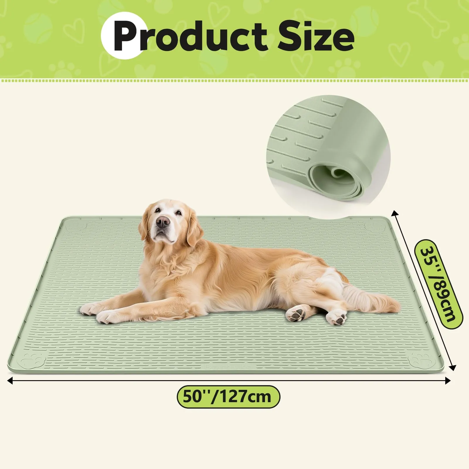 Bartuke Tappetino per cuccia per cani, in silicone, con bordo rialzato, lavabile, impermeabile, a prova di perdite, protegge il pavimento (verde, 127 x 89 cm) - immagine 2