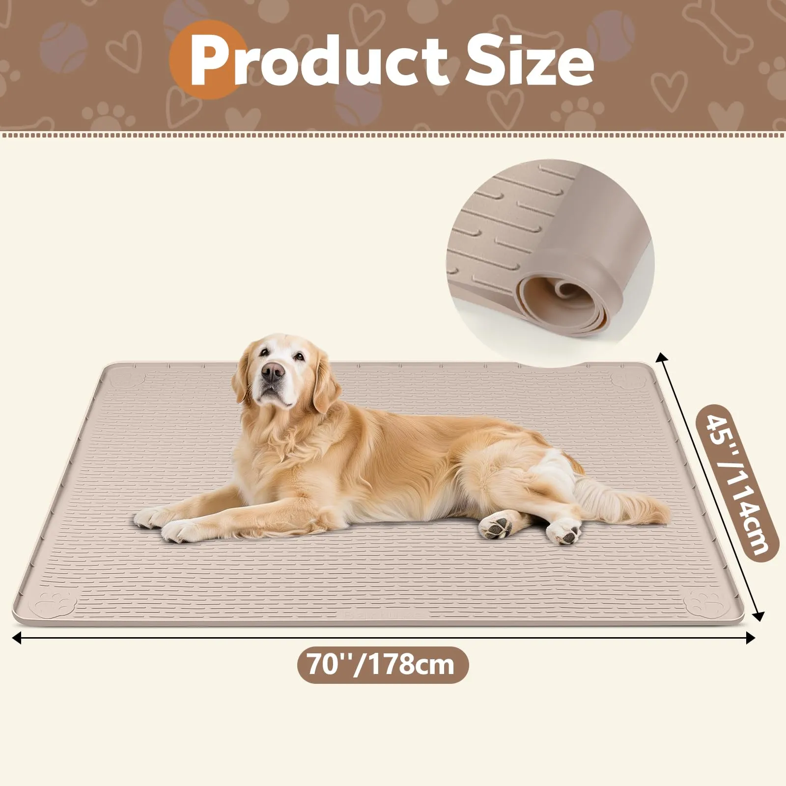 Bartuke Tappetino in silicone per gabbia per cani, con bordo rialzato, lavabile, impermeabile, a prova di perdite, protegge i pavimenti (cachi, 178 x 114 cm) - immagine 2