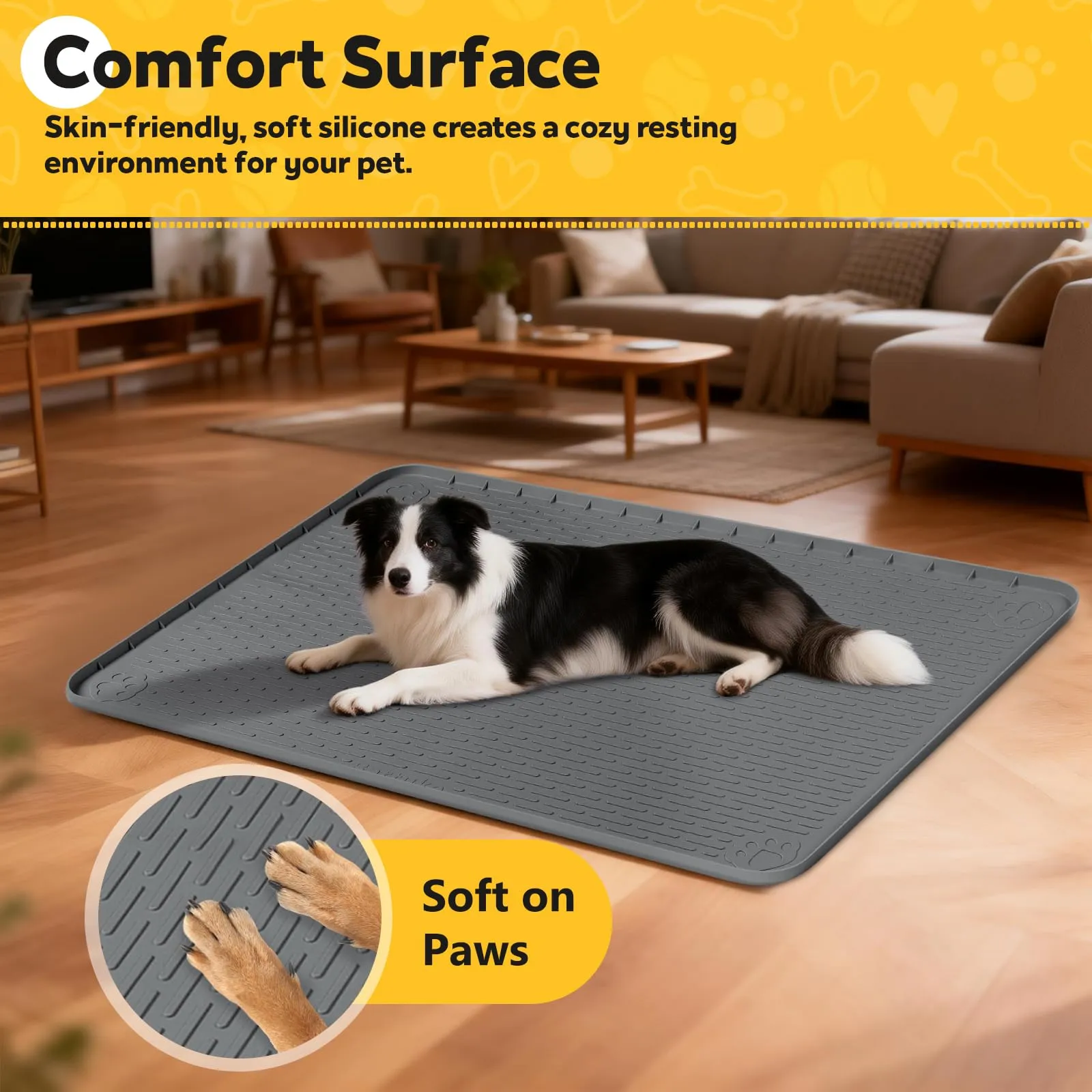 Bartuke Tappetino in silicone per gabbia per cani, 145 x 101 cm, con bordo rialzato, lavabile, impermeabile, a prova di perdite, protegge i pavimenti (grigio scuro) - immagine 4