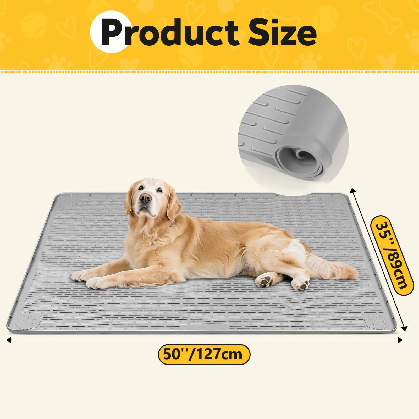 Bartuke Tappetino per box per cani, in silicone, con bordo rialzato, lavabile, impermeabile, a prova di perdite, protegge il pavimento (grigio chiaro, 127 x 89 cm) - immagine 2