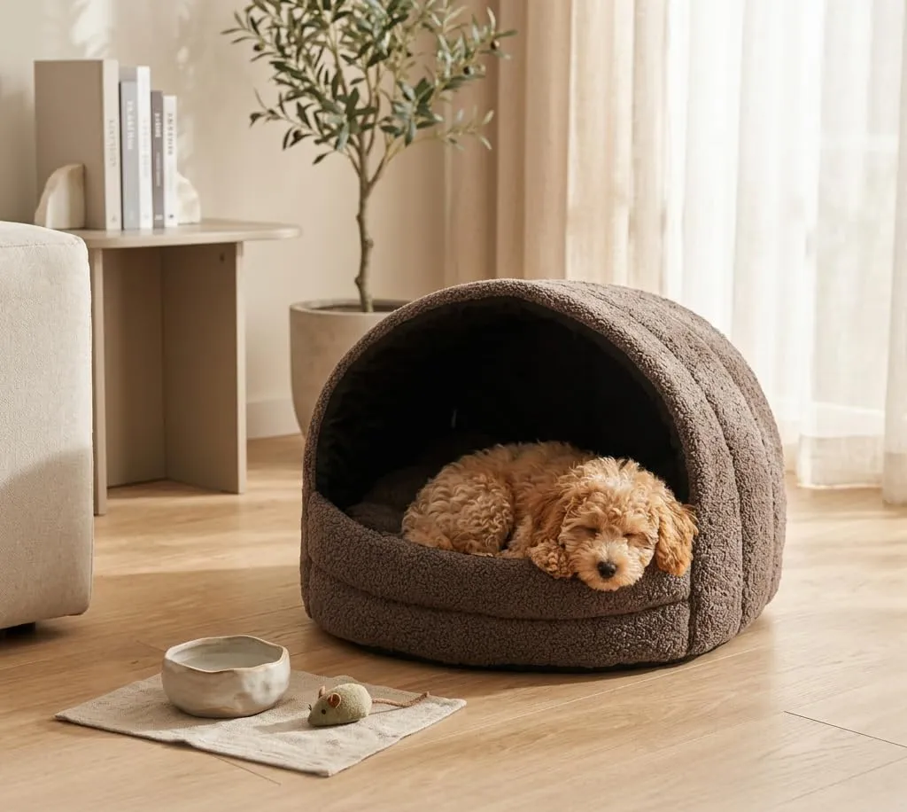 ODOLPLUSZ Cuccia per cane da interno | Casa per cane e gatto | 2 taglie comode e lavabili (Bouncle marrone, M) - immagine 2