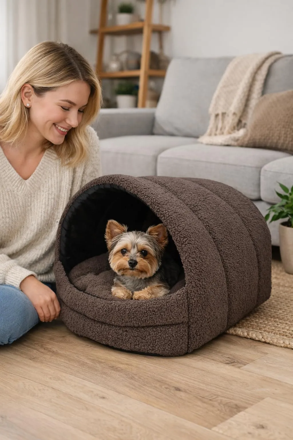 ODOLPLUSZ Cuccia per cane da interno | Casa per cane e gatto | 2 taglie comode e lavabili (Bouncle marrone, M) - immagine 8
