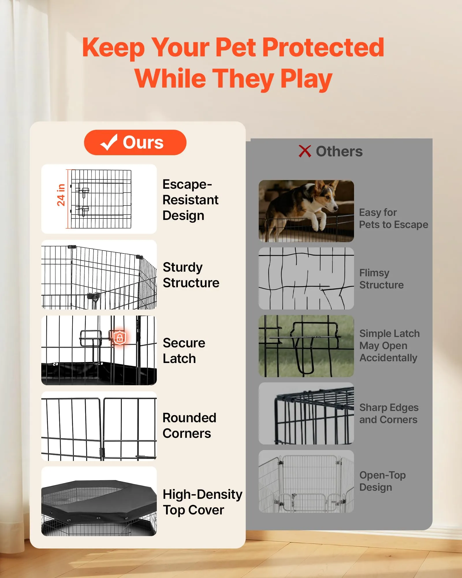 VEVOR Box per Cani 61 cm 8 Pannelli Copertura Superiore e Base Imbottita - immagine 3