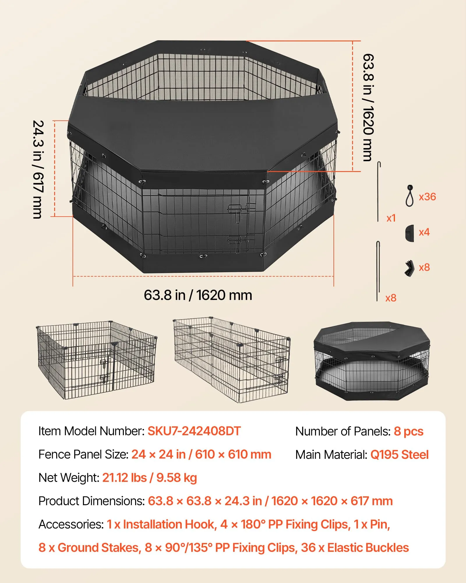 VEVOR Box per Cani 61 cm 8 Pannelli Copertura Superiore e Base Imbottita - immagine 7