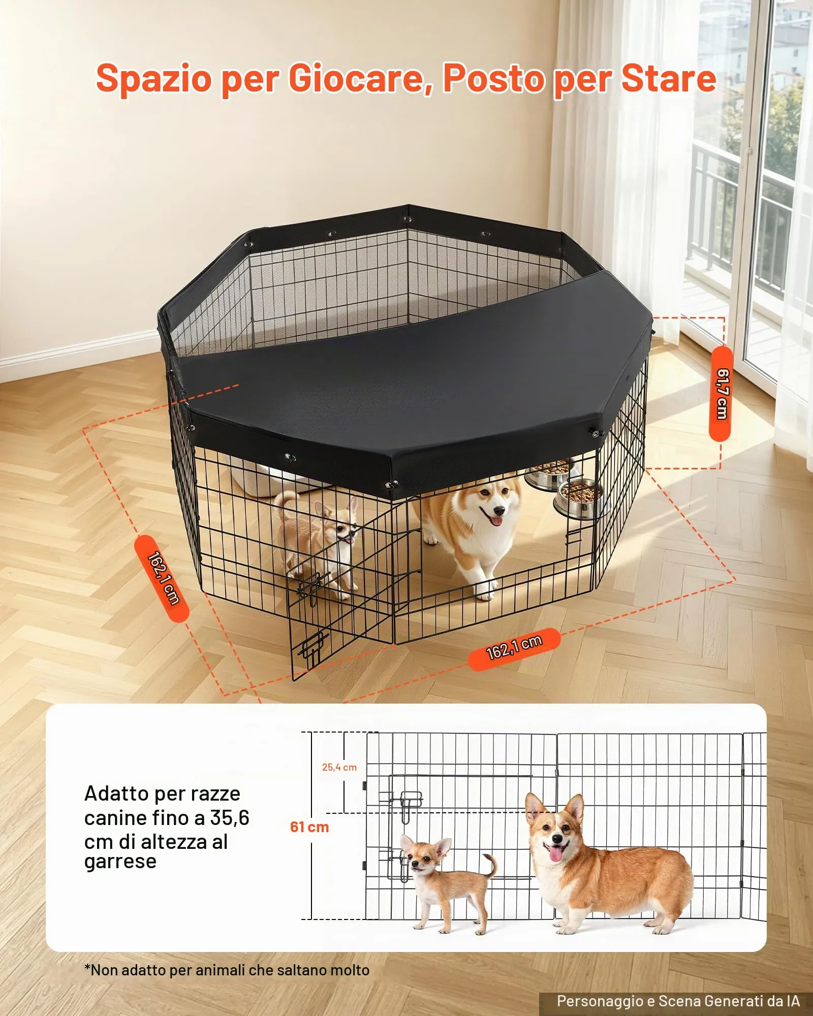 VEVOR Box per Cani Coperto da 61 cm 8 Pannelli Pieghevole Nero in Metallo - immagine 2