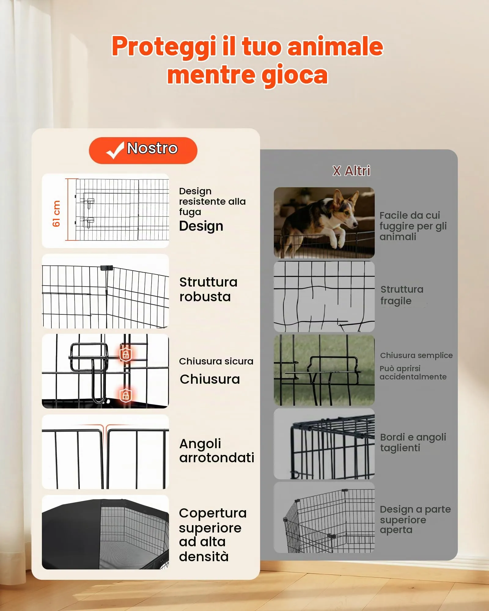 VEVOR Box per Cani Coperto da 61 cm 8 Pannelli Pieghevole Nero in Metallo - immagine 3