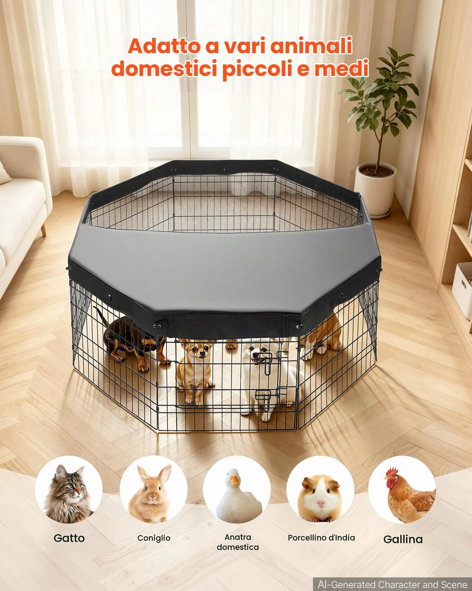 VEVOR Box per Cani Coperto da 61 cm 8 Pannelli Pieghevole Nero in Metallo - immagine 4