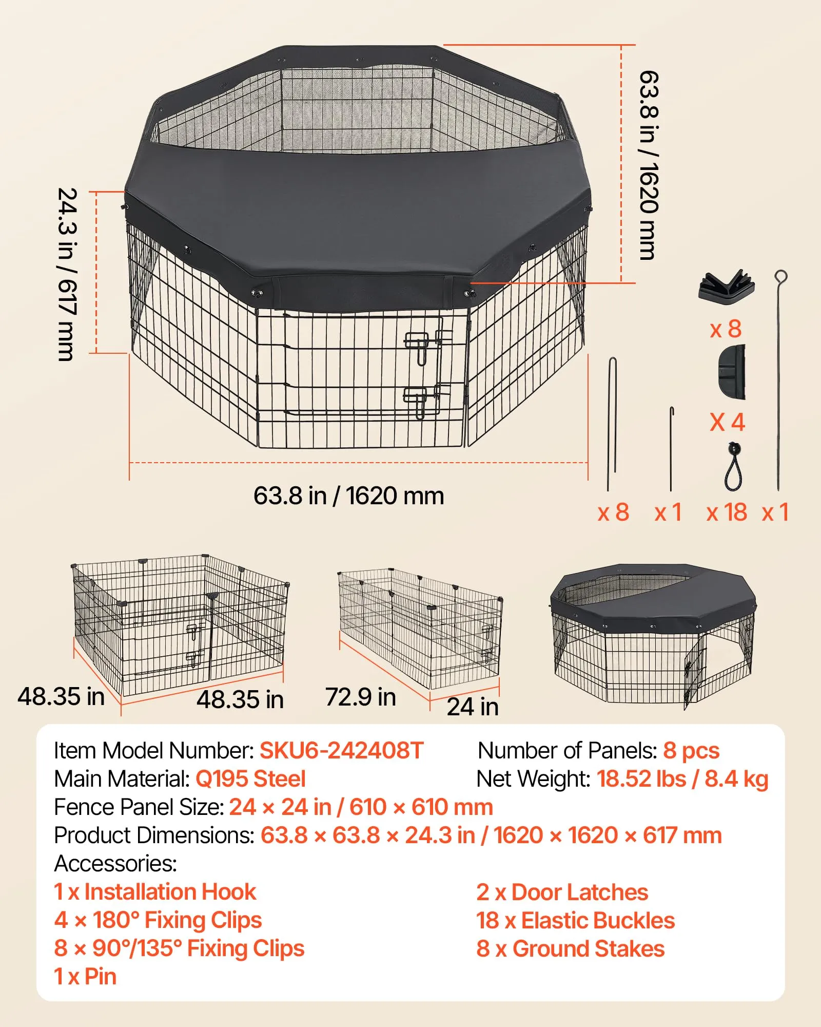 VEVOR Box per Cani Coperto da 61 cm 8 Pannelli Pieghevole Nero in Metallo - immagine 7
