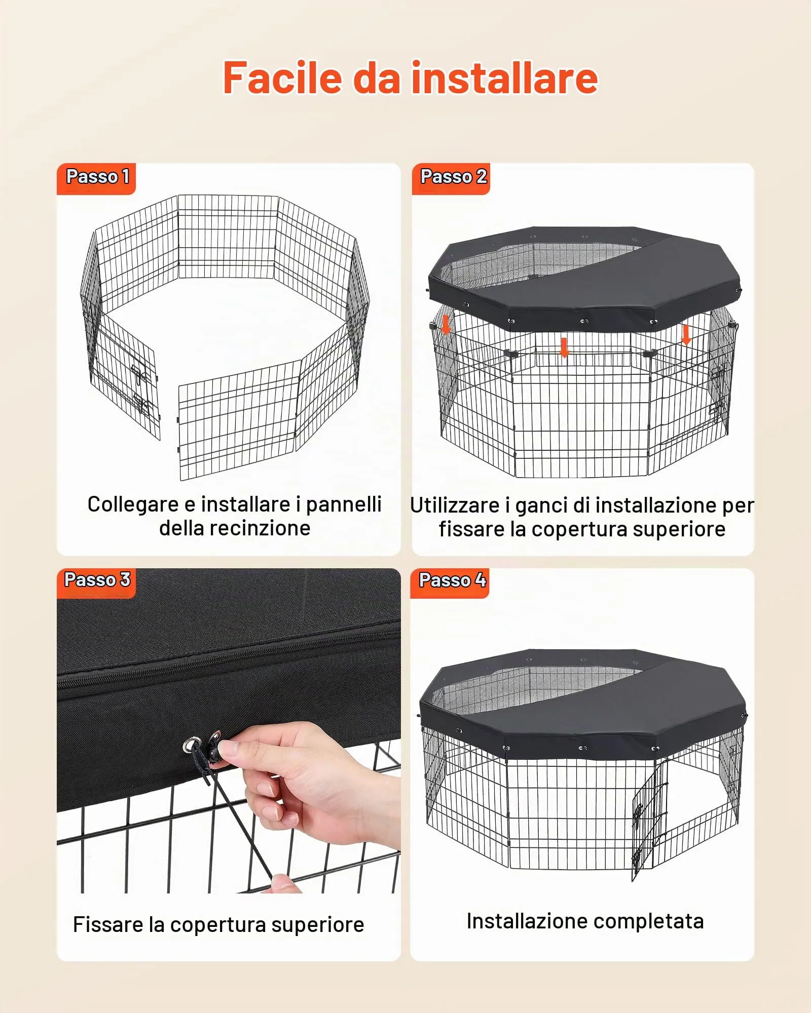 VEVOR Box per Cani Coperto da 61 cm 8 Pannelli Pieghevole Nero in Metallo - immagine 8