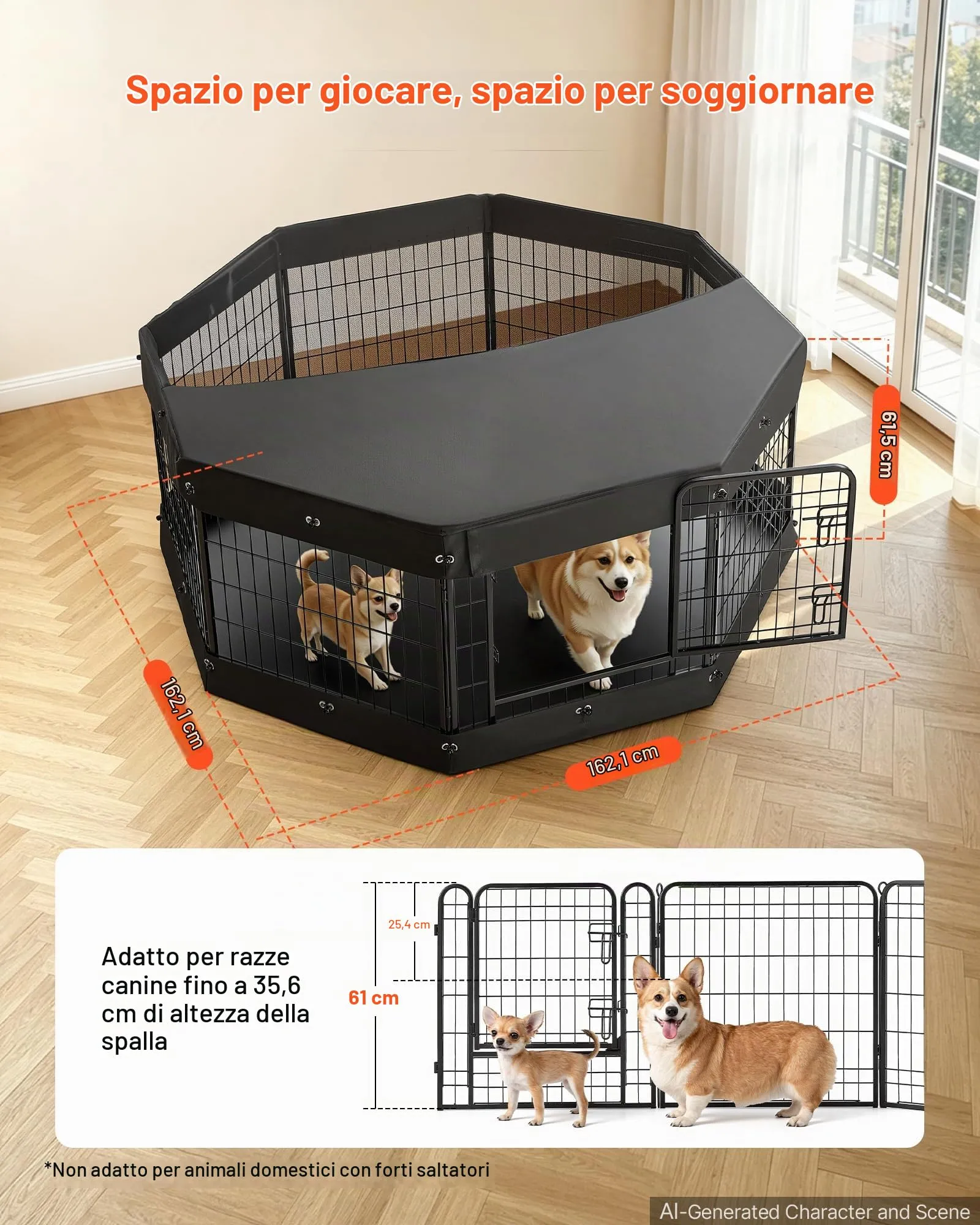 VEVOR Box per Cani da 61 cm 8 Pannelli con Copertura e Base Imbottita Nero - immagine 2