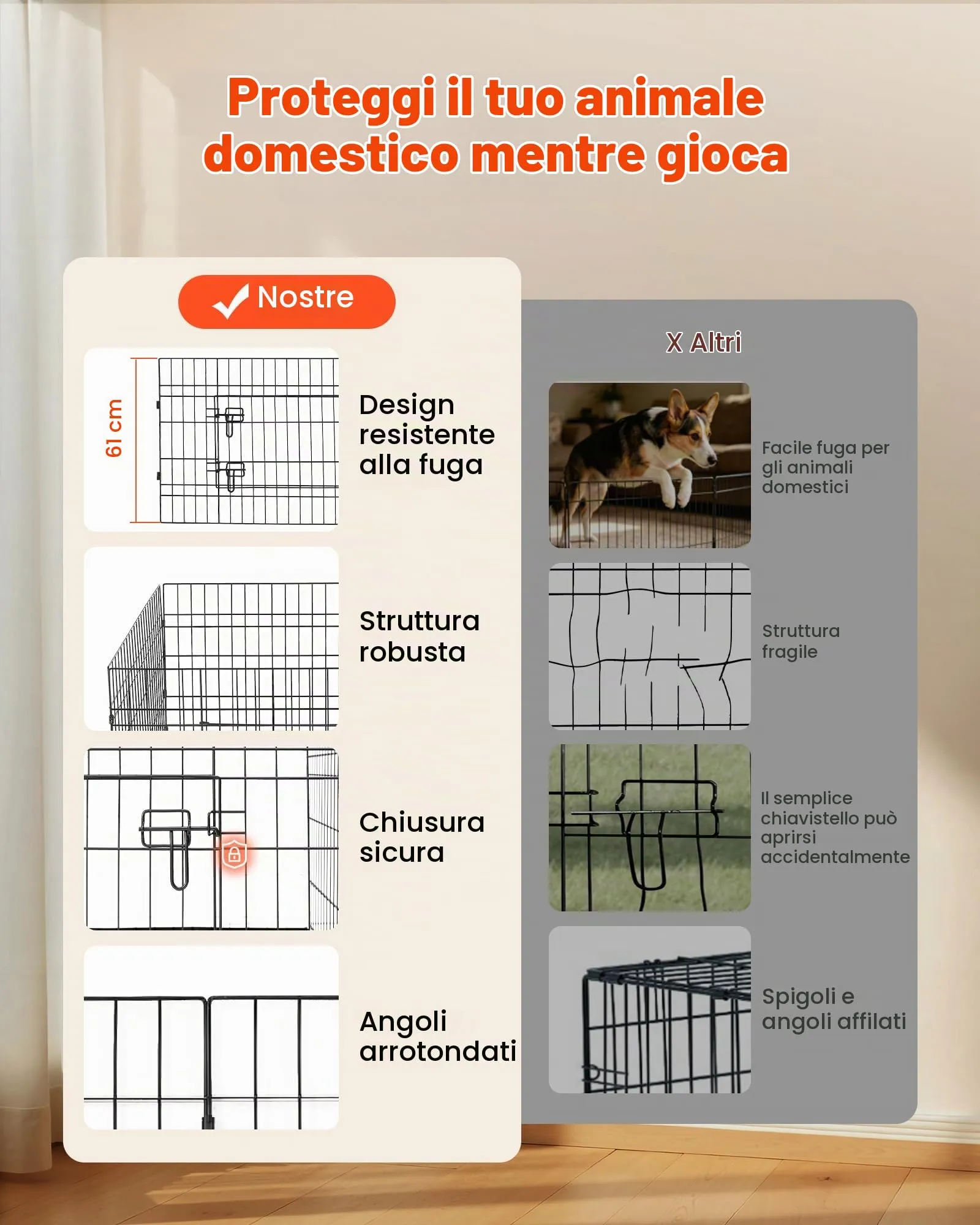 VEVOR Box per Cani da 61 cm 8 Pannelli con Copertura e Base Imbottita Nero - immagine 3