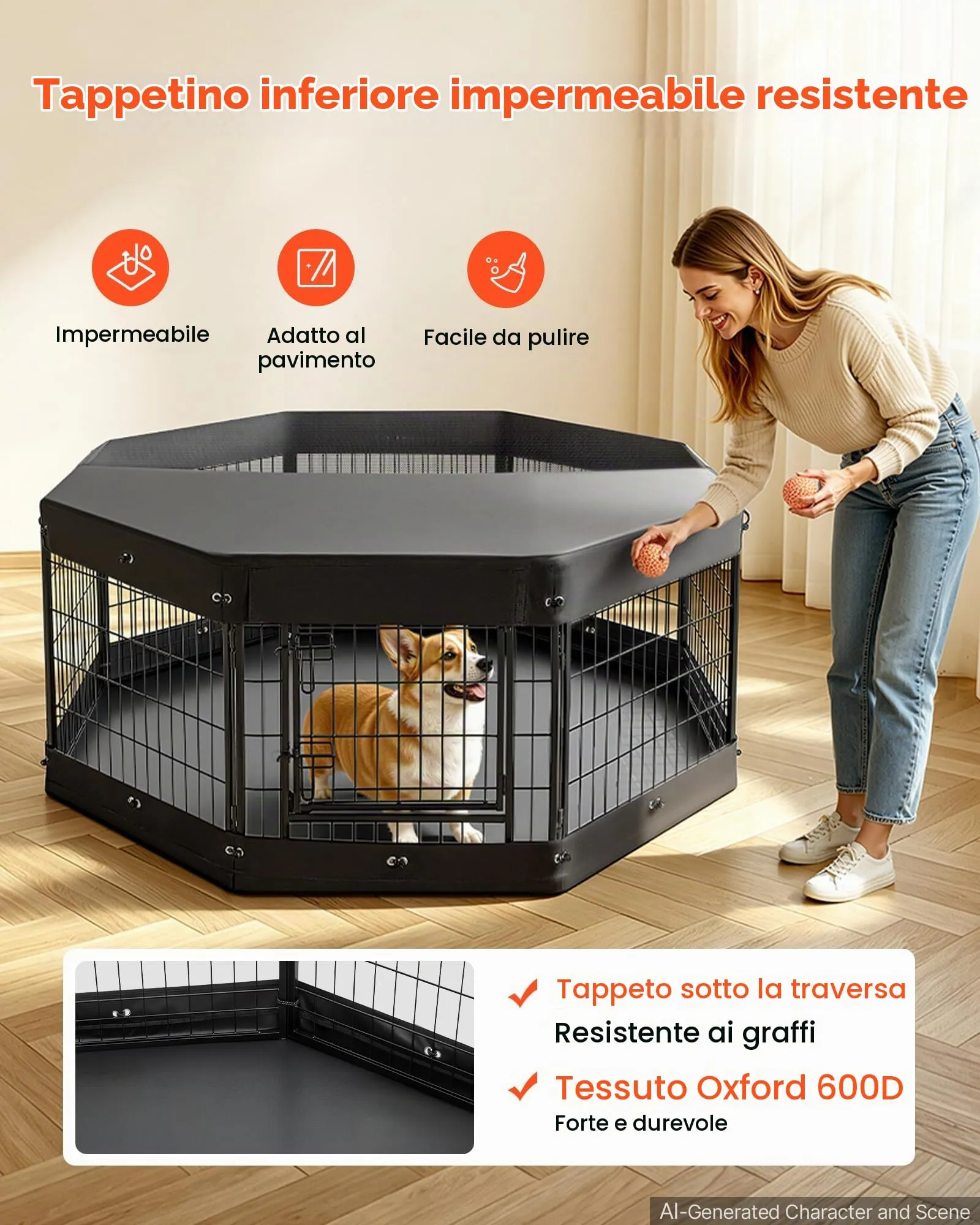VEVOR Box per Cani da 61 cm 8 Pannelli con Copertura e Base Imbottita Nero - immagine 4