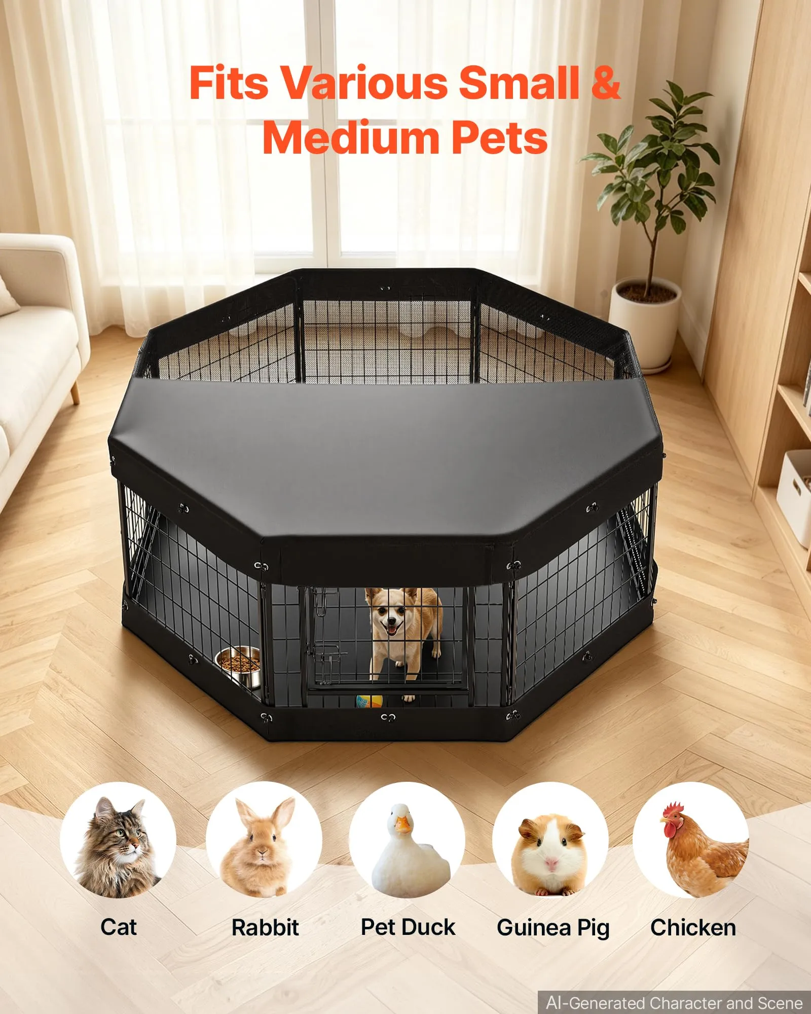 VEVOR Box per Cani da 61 cm 8 Pannelli con Copertura e Base Imbottita Nero - immagine 5